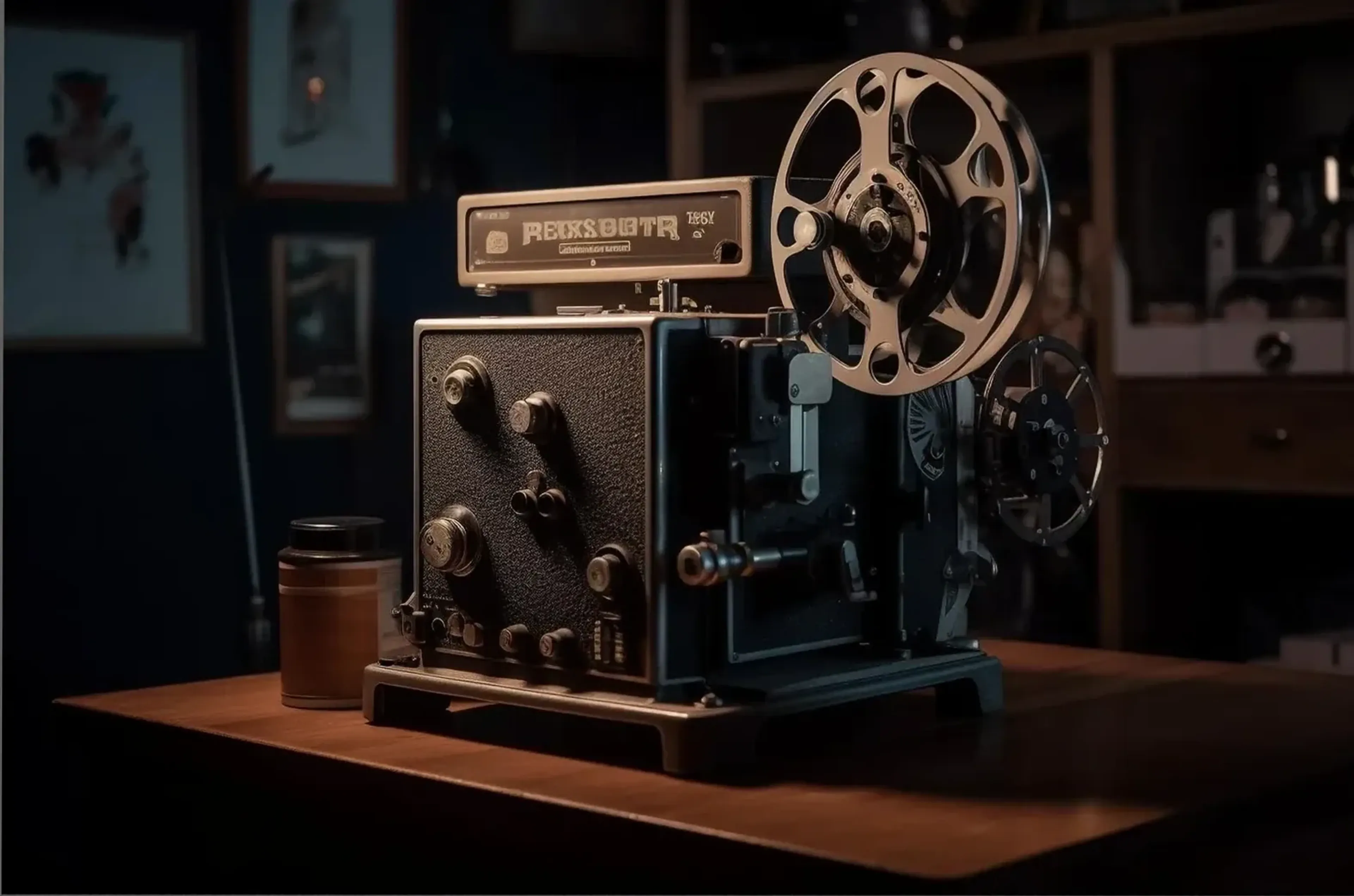 Ein altertümlicher Filmprojektor mit großer Filmspule steht im warmen Licht auf einem Tisch.