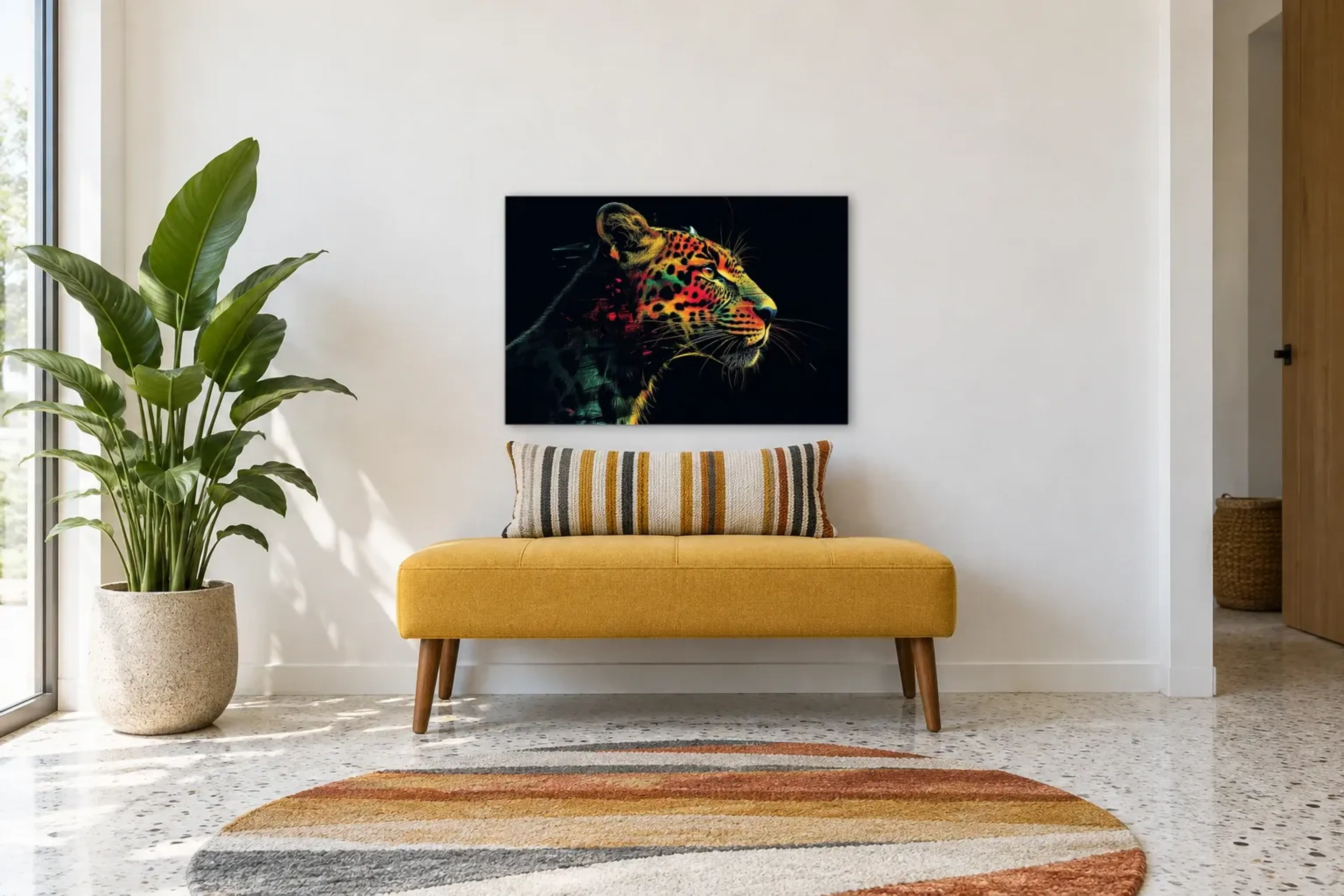 Leopard im Dunkeln als Wandbild über einer 120-cm-Bank