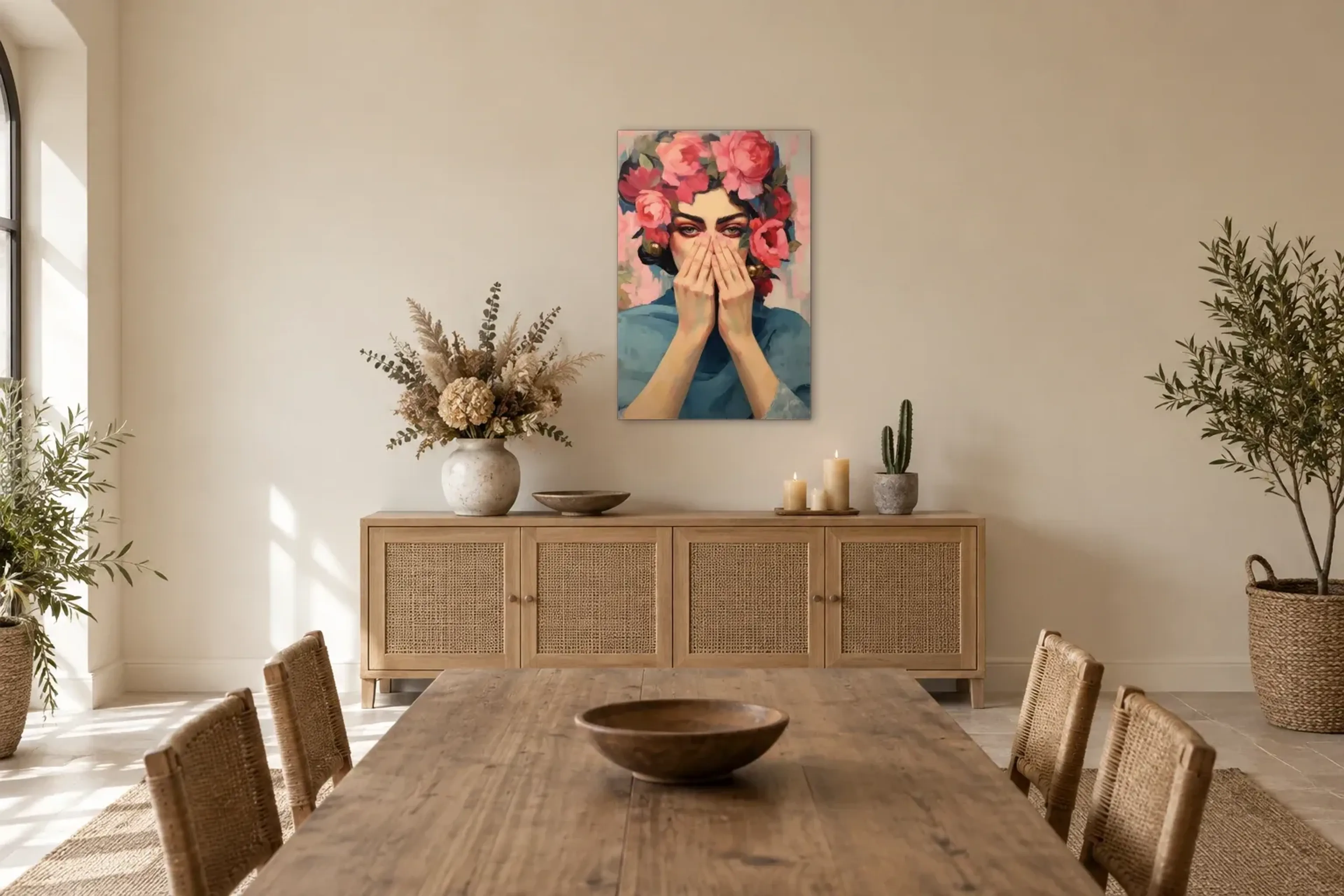Erstaunte Frau als Wandbild über einem 160-cm-Sideboard