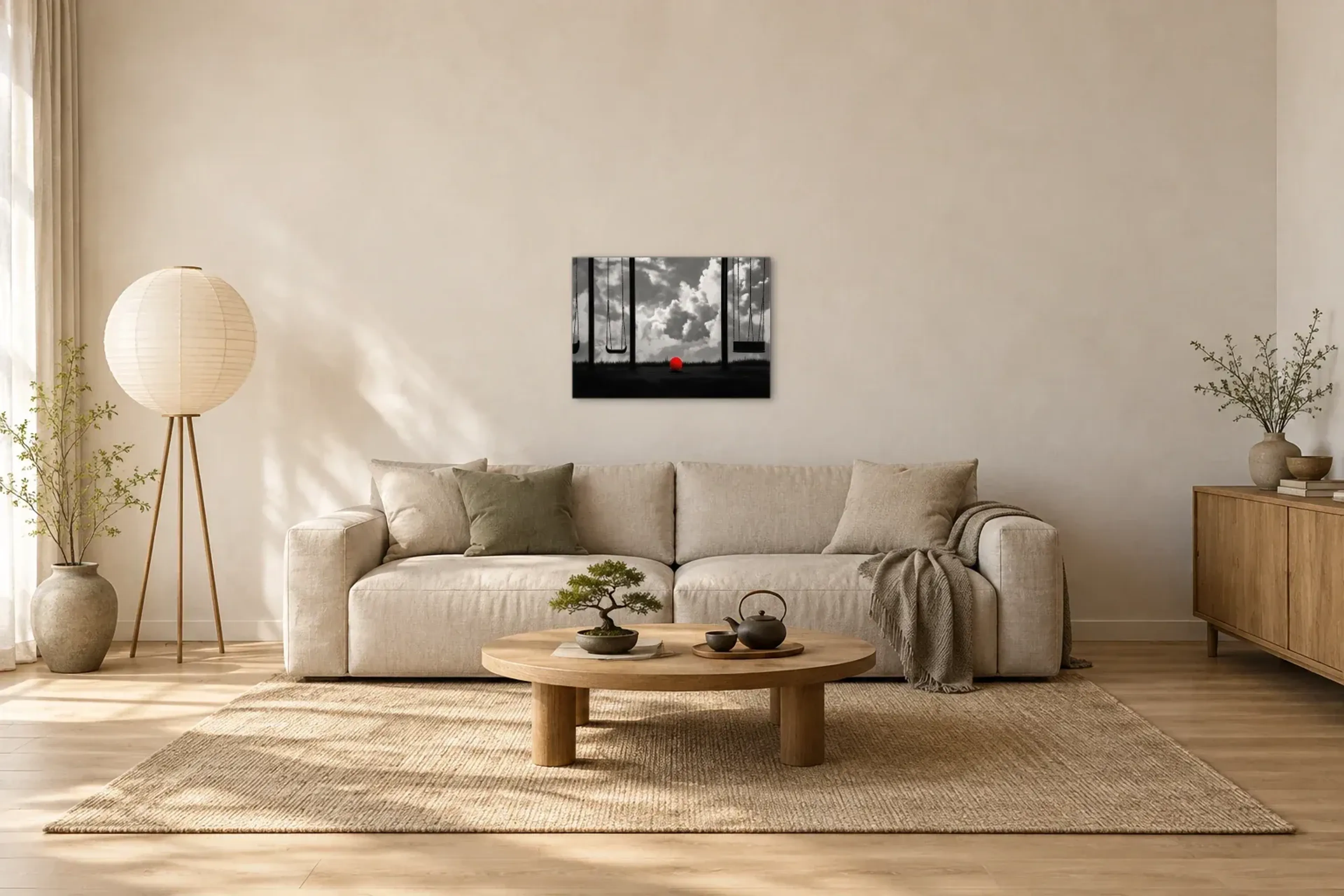 Roter Ball zwischen Schaukeln als Wandbild über einem 220-cm-Sofa