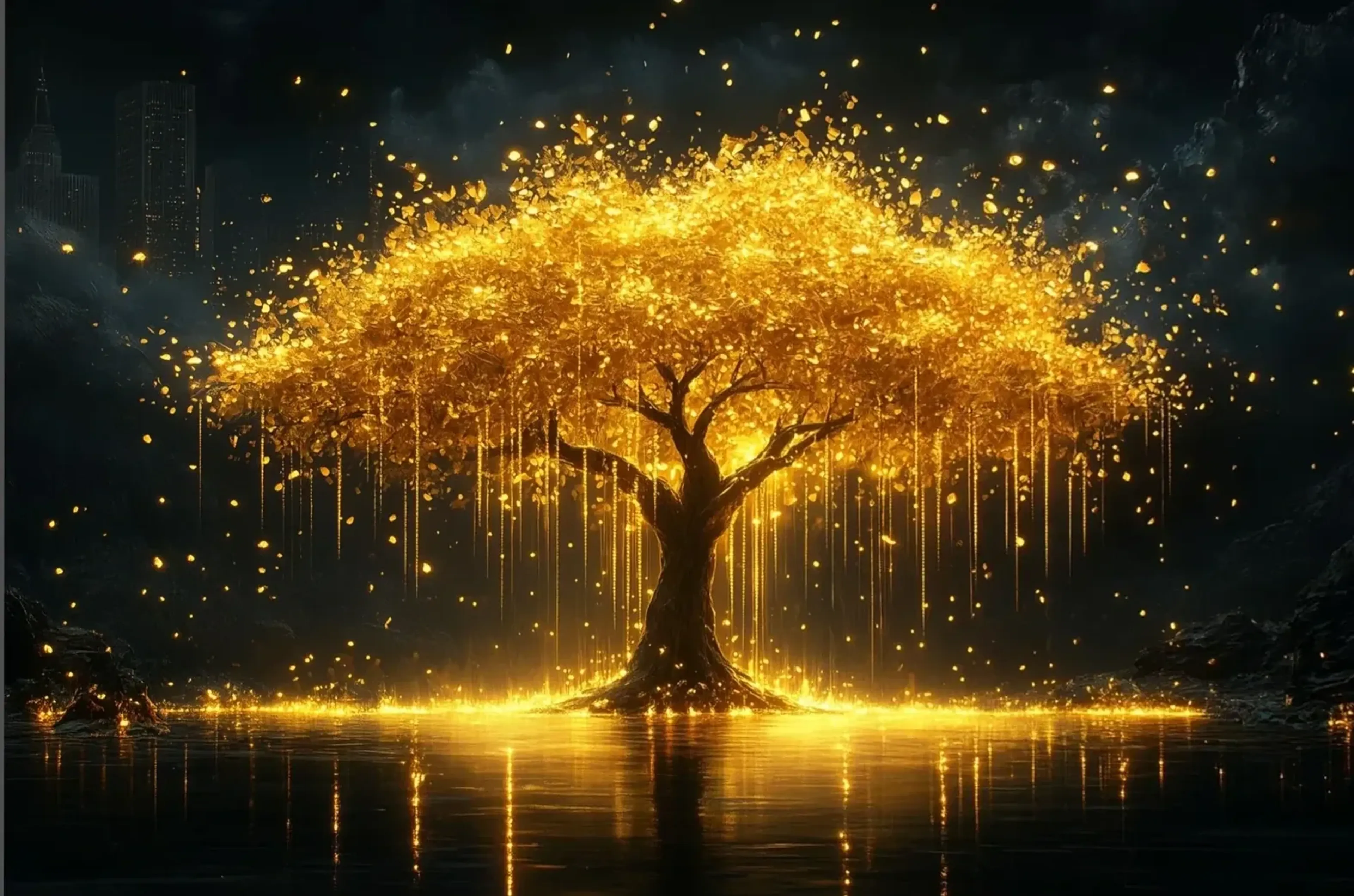Ein goldener Baum mit herabhängenden Lichtfäden steht im Wasser; links sind dunkle Hochhäuser zu erkennen.