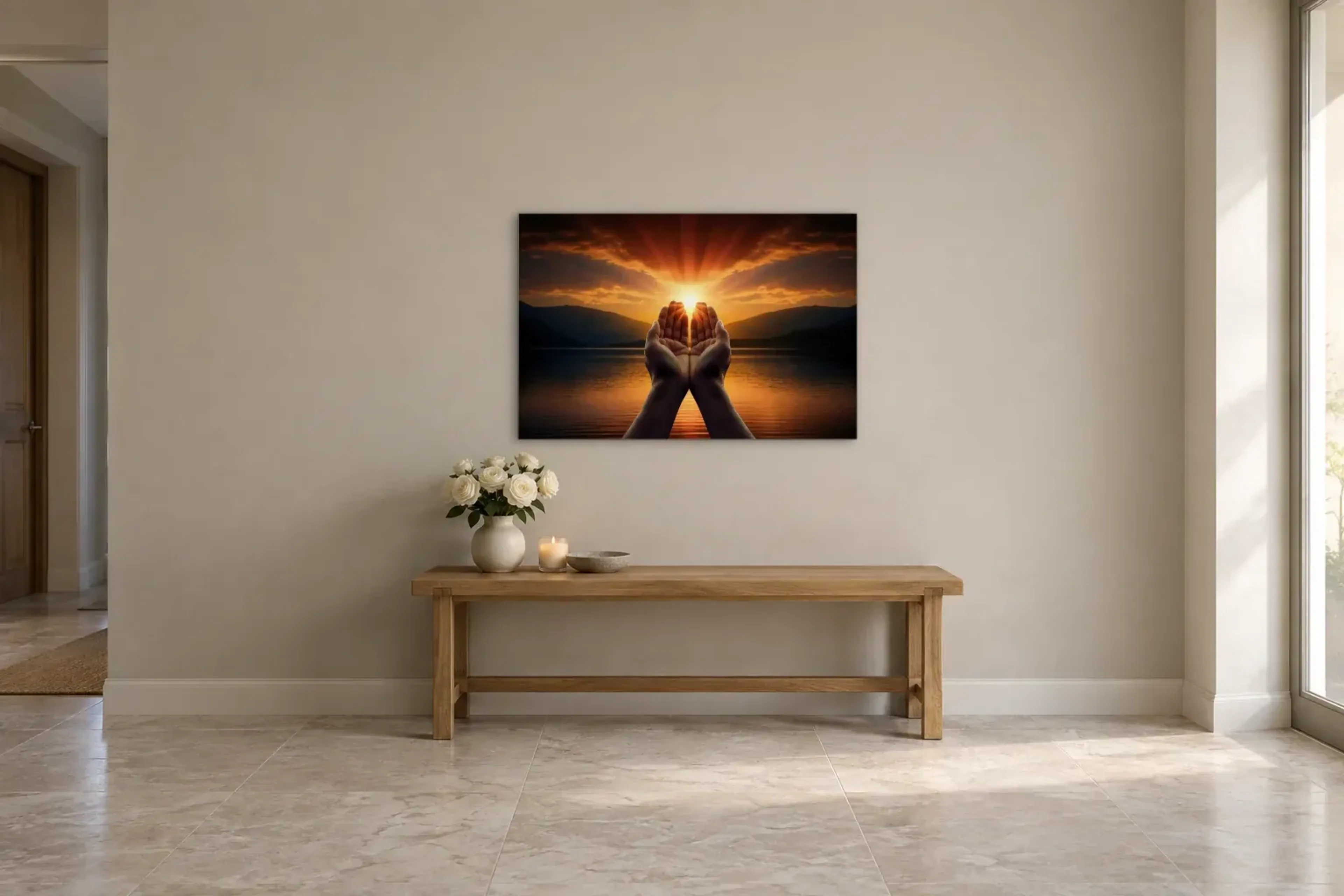 Hände im Sonnenlicht als Wandbild über einer 120-cm-Bank