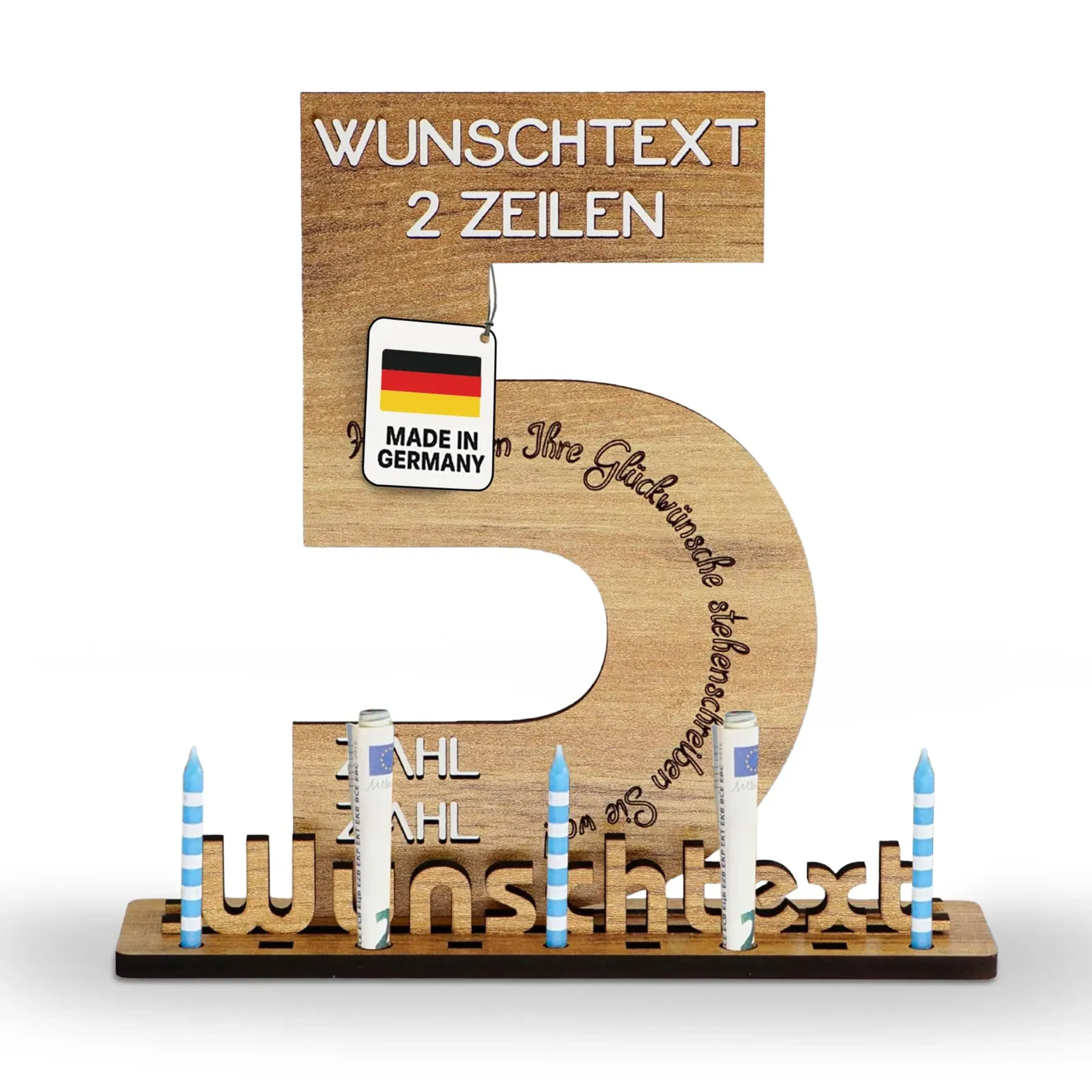 Gästebuch-Schild aus Holz, im Beispiel als Fünf mit Wunschtext-Platzhaltern, Kerzen und gerollten Geldscheinen.