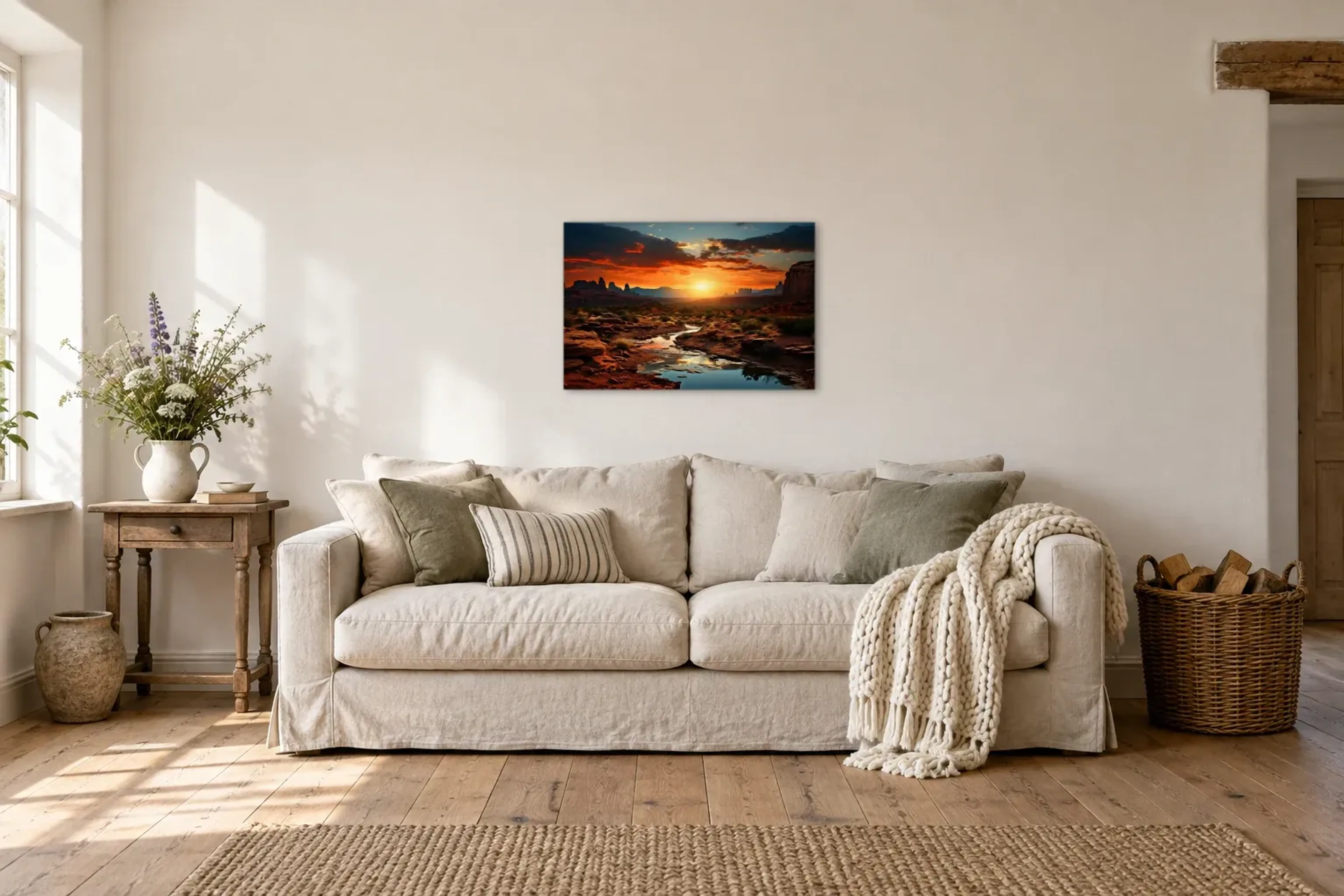 Sonnenuntergang in der Felslandschaft als Wandbild über einem 220-cm-Sofa