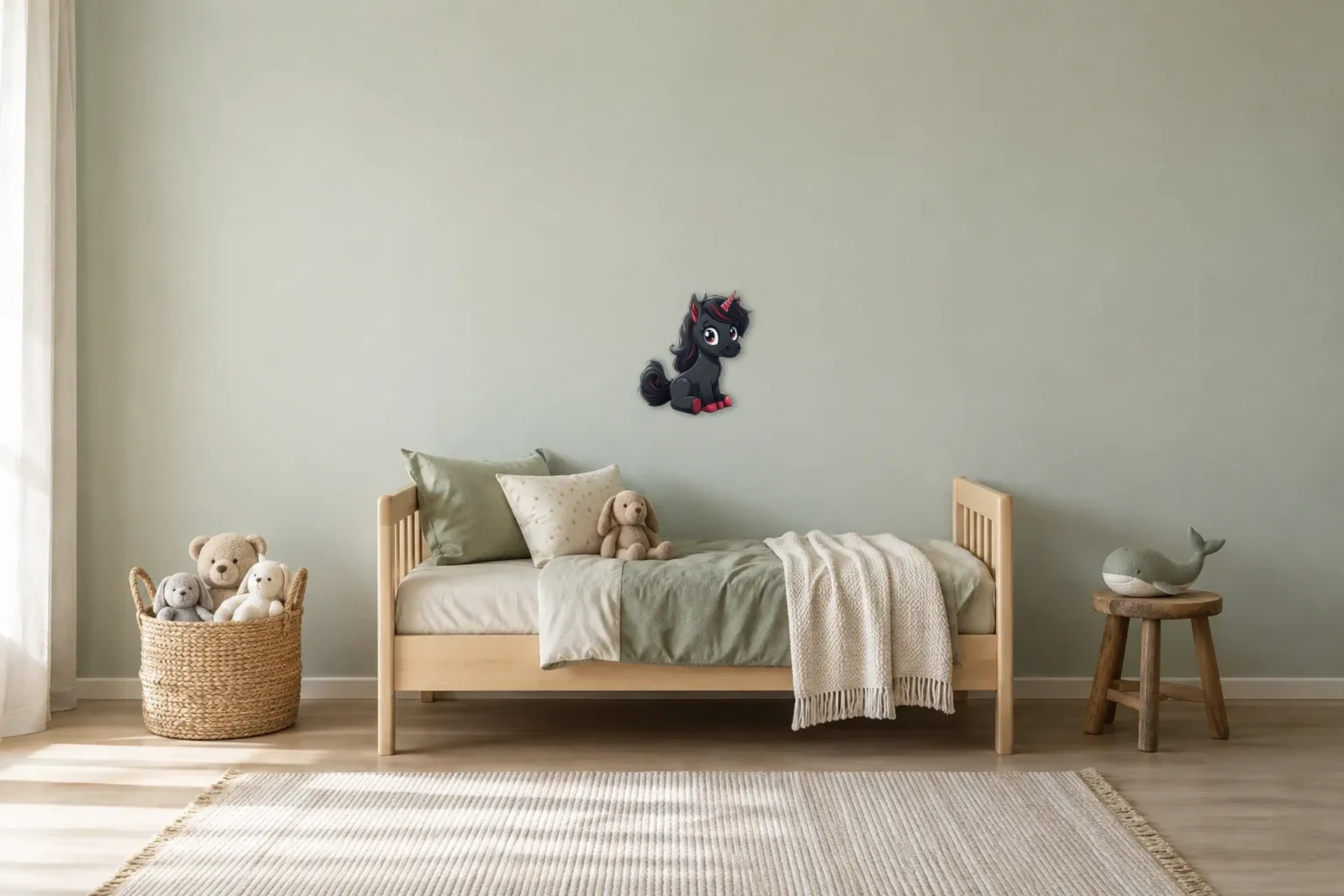 Einhorn schwarz/rot als Wandbild über einem 200-cm-Kinderbett