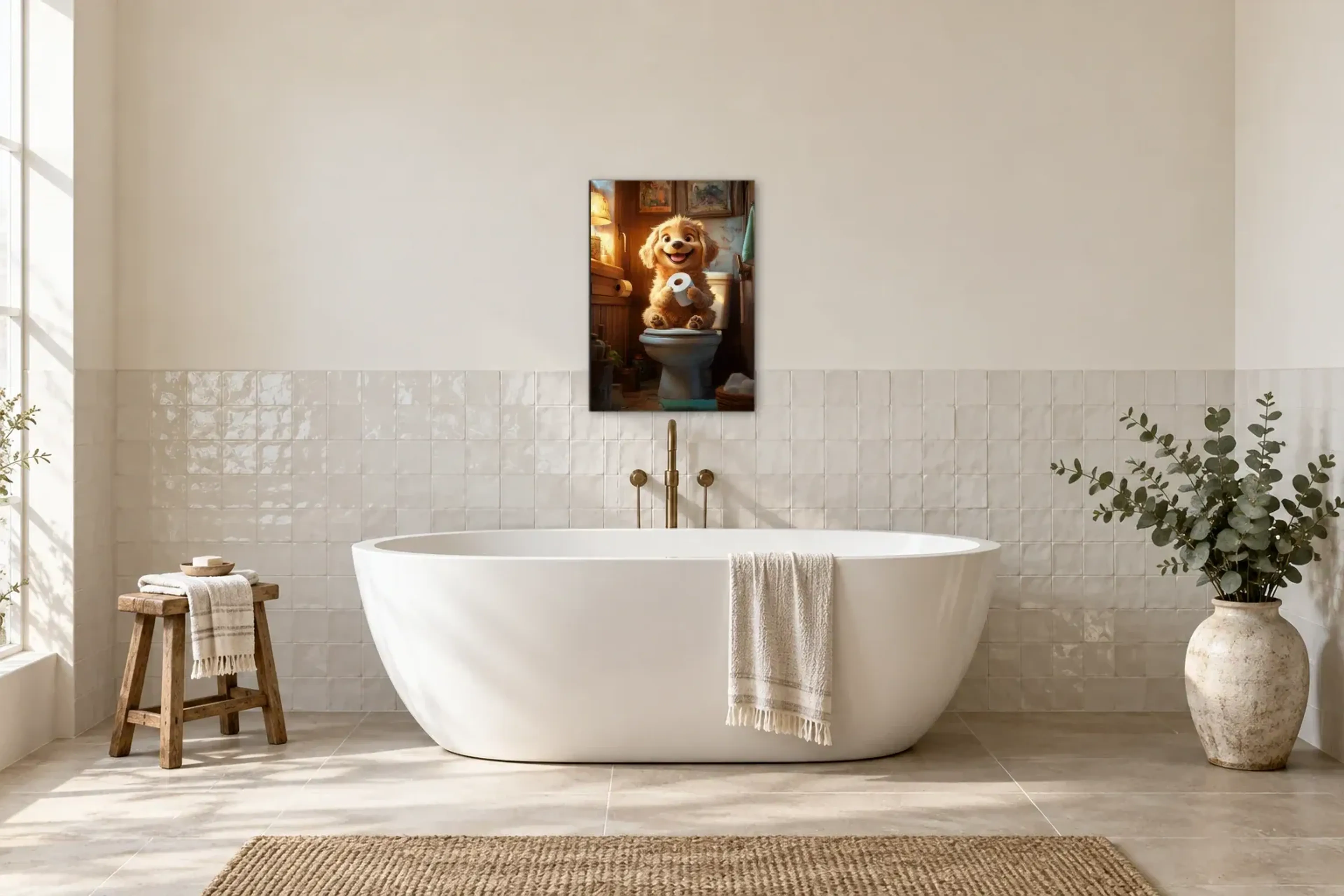 Hund im gemütlichen Örtchen als Wandbild über einer 170-cm-Badewanne