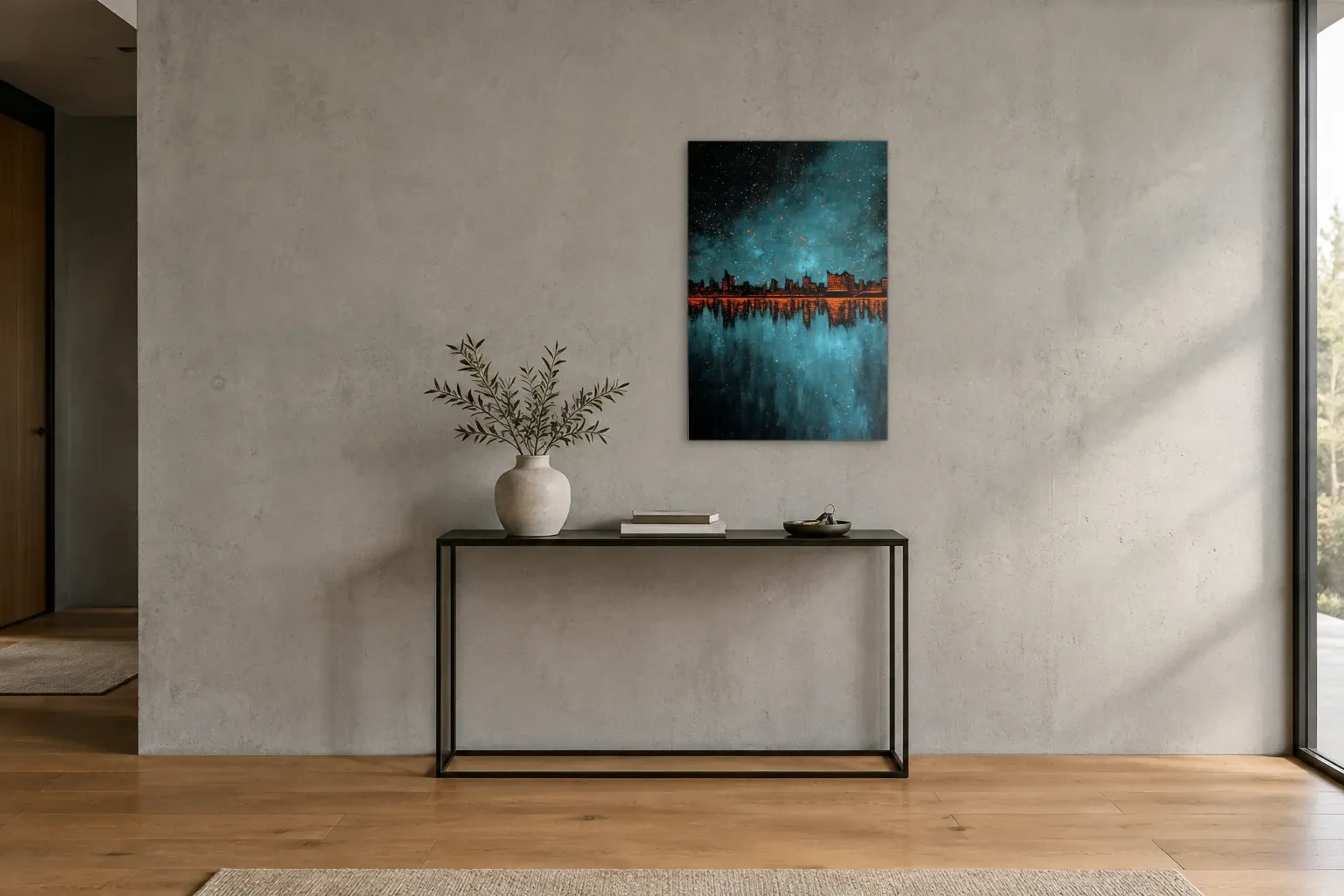 Hamburg im Sternenschimmer als Wandbild über einer 120-cm-Konsole