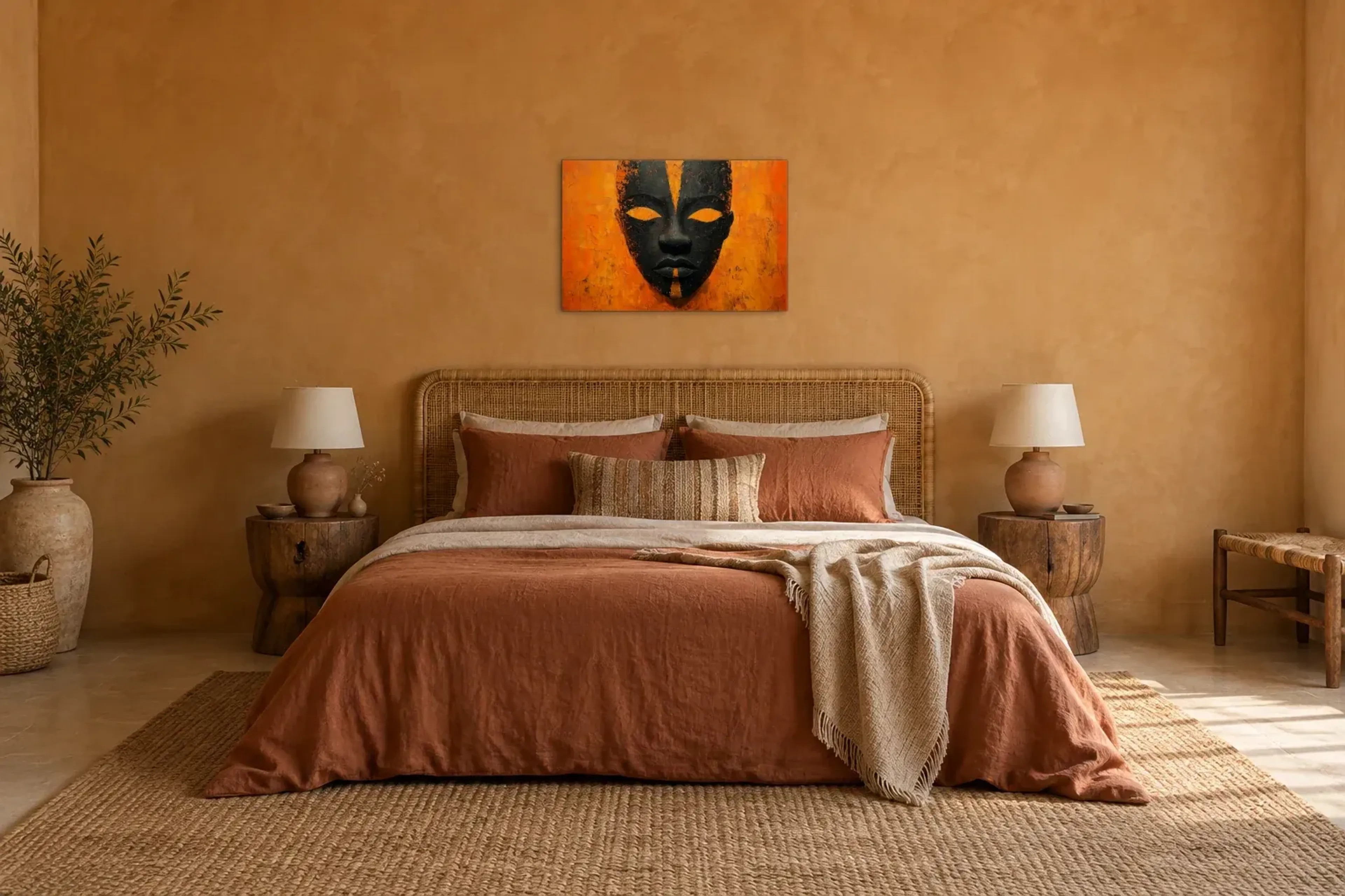 Maske in Schwarz und Orange als Wandbild über einem 180-cm-Bett