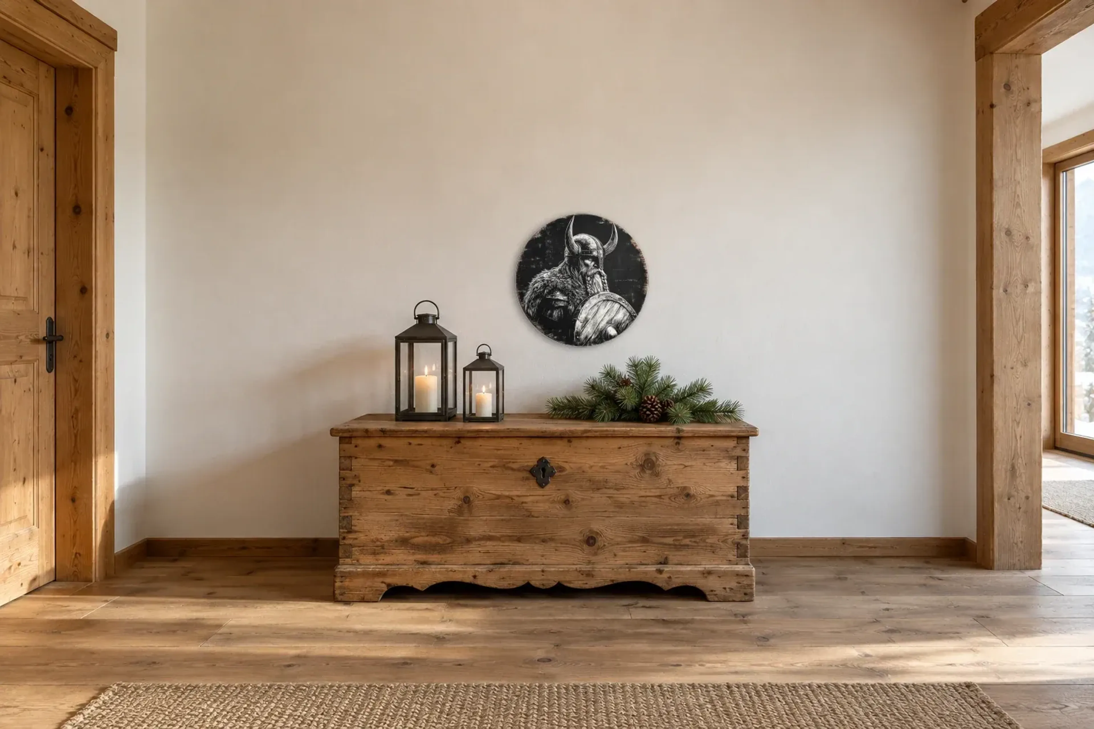 Wikinger mit Rundschild als Wandbild über einer 140-cm-Truhe