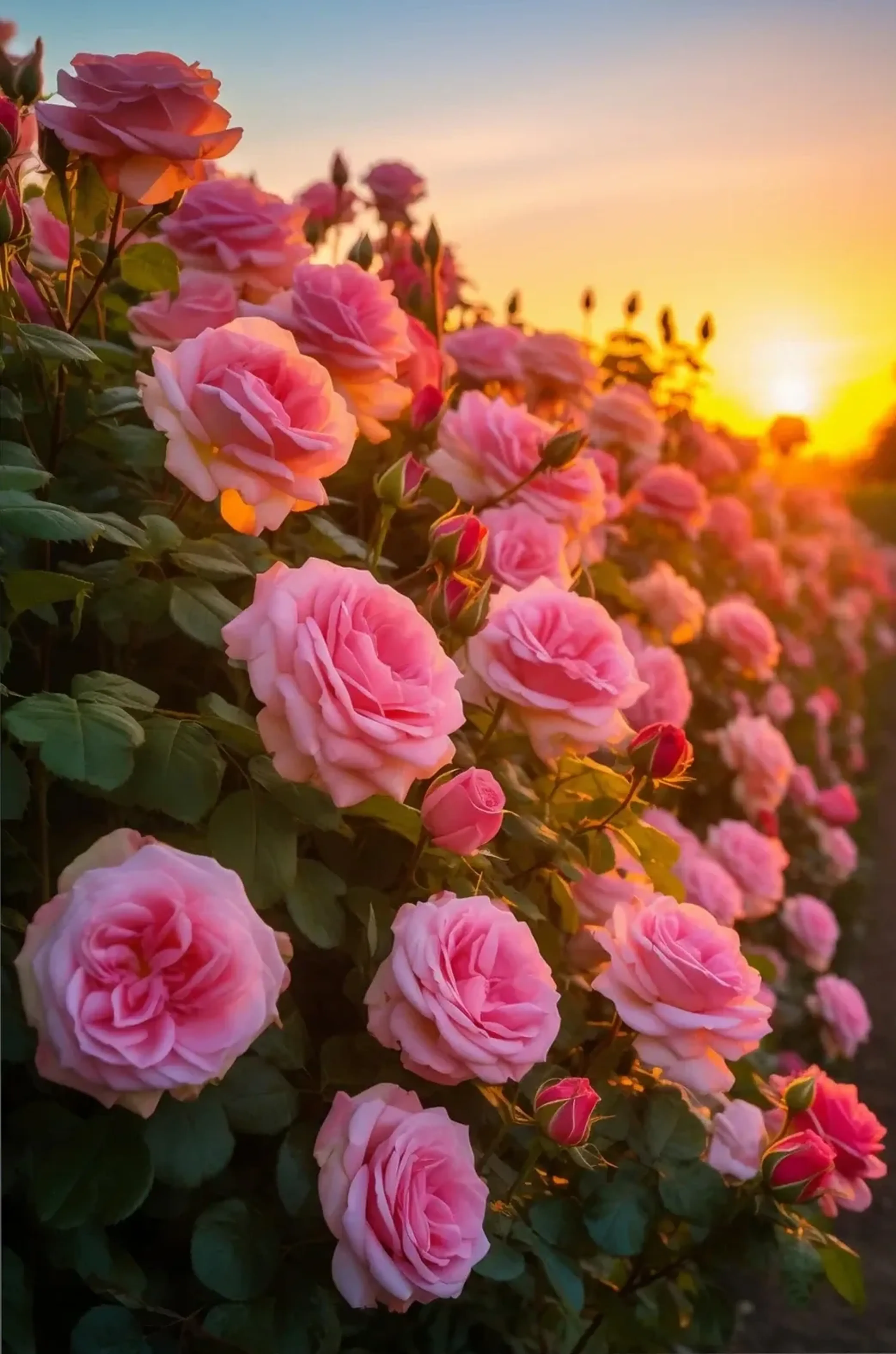 Rosa Rosen und Knospen zwischen grünen Blättern im goldenen Licht einer tief stehenden Sonne.