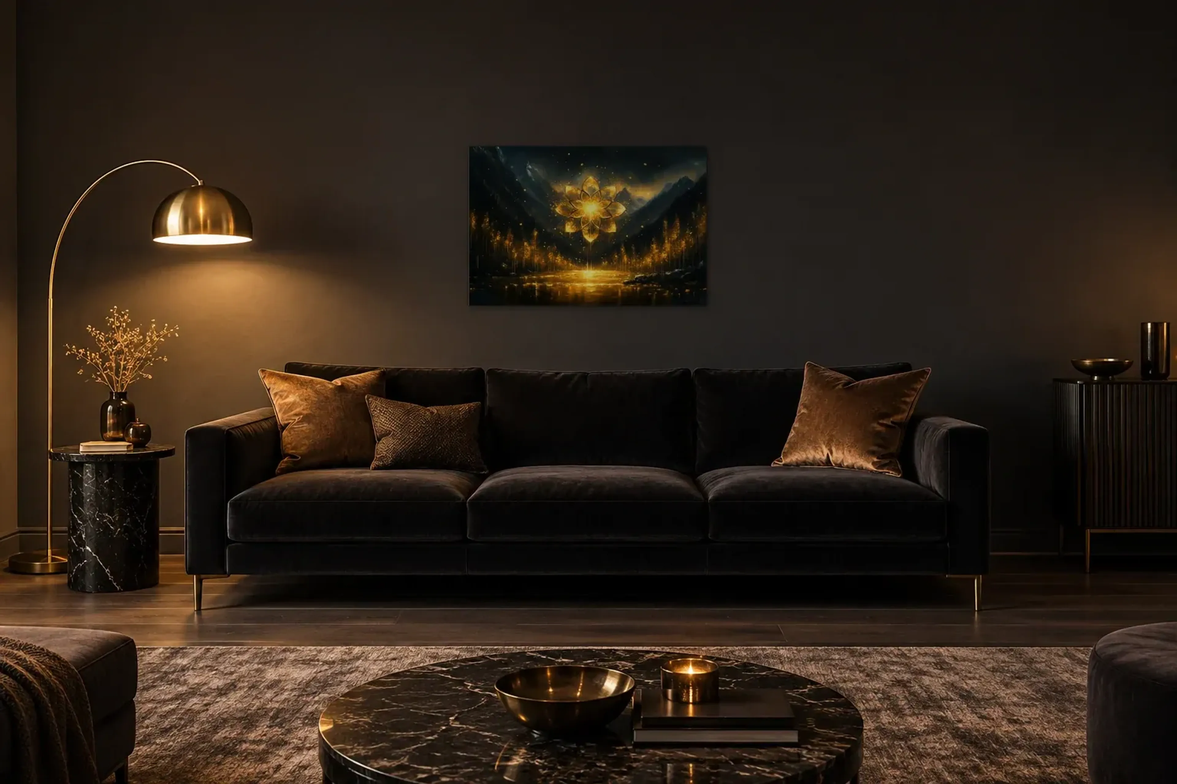Strahlenblume als Wandbild über einem 220-cm-Sofa