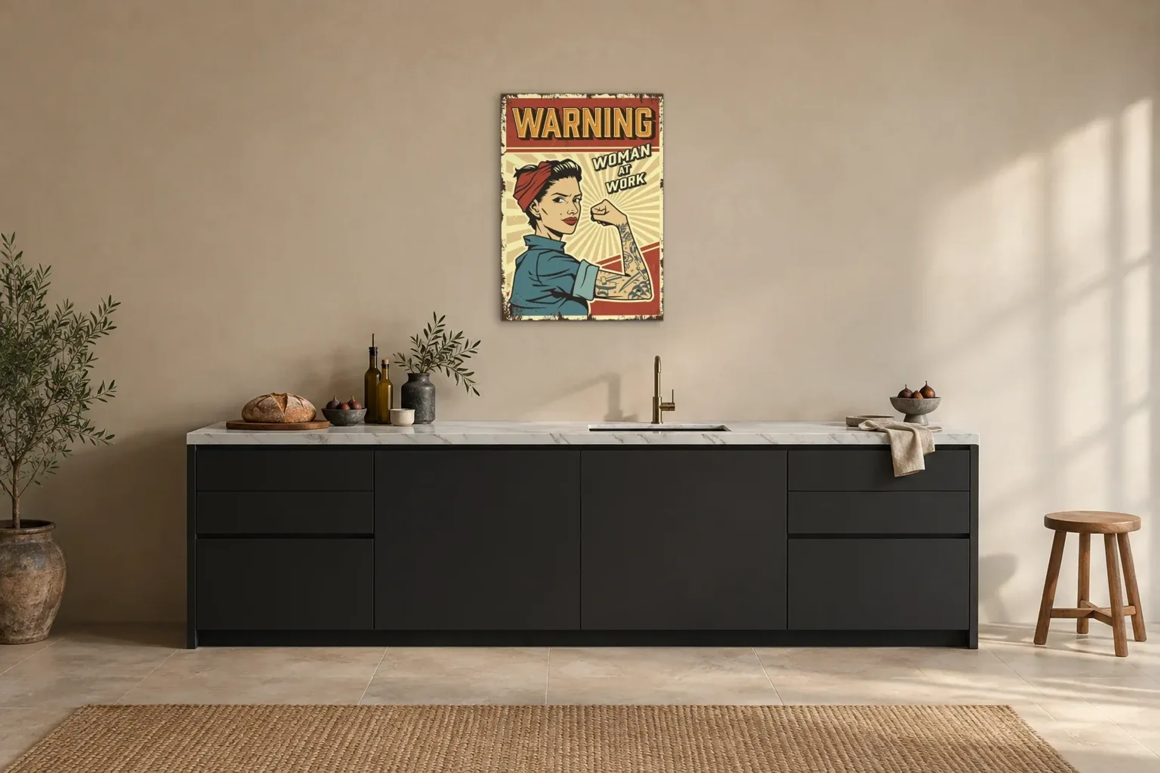 Woman at Work als Wandbild über einer 200-cm-Arbeitsplatte