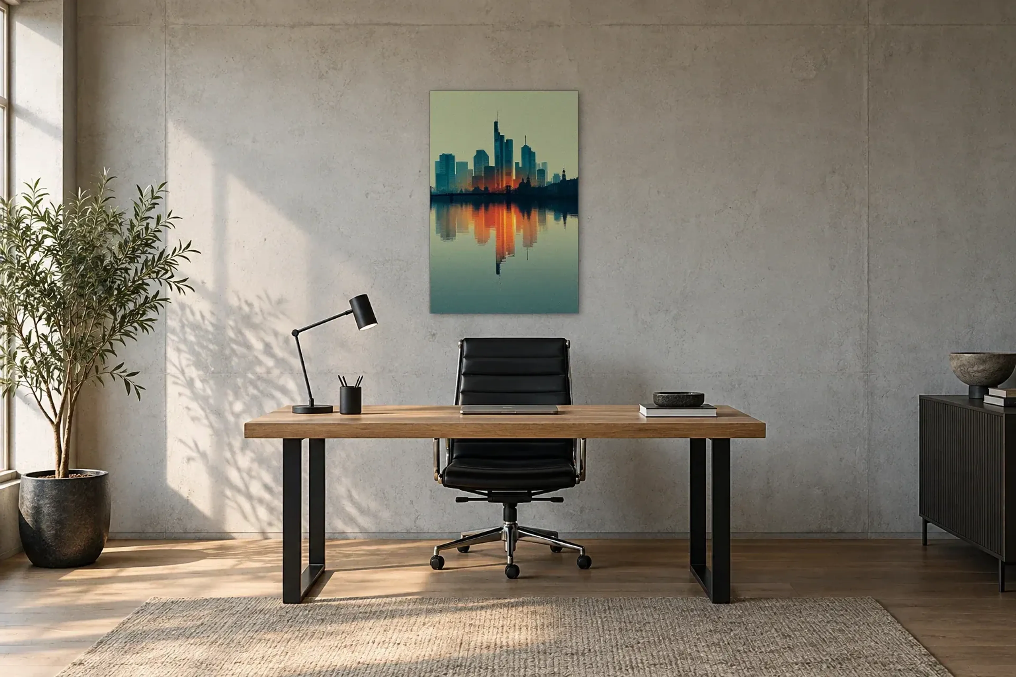 Frankfurt im orangefarbenen Licht als Wandbild über einem 160-cm-Schreibtisch