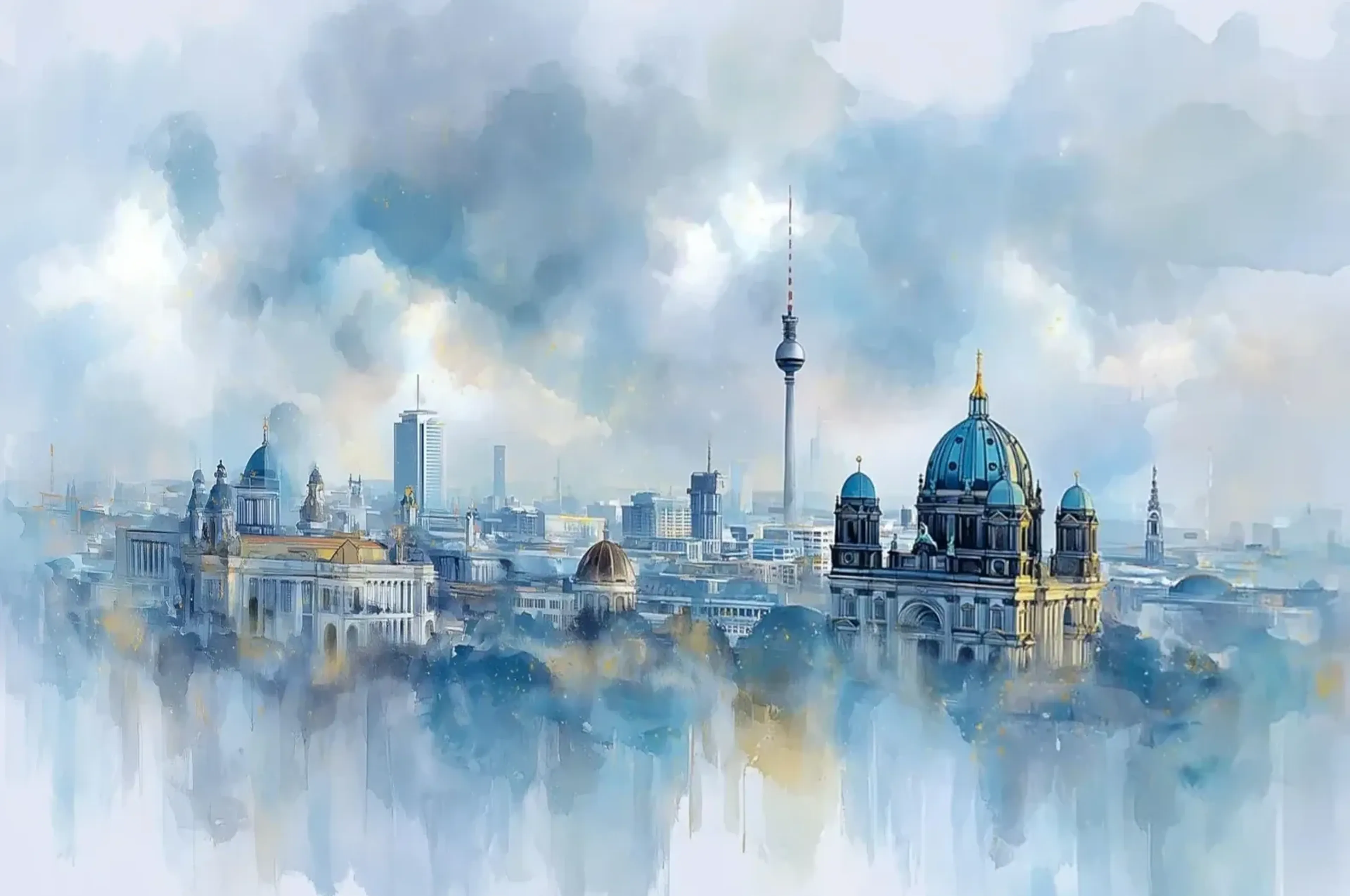 Berliner Stadtansicht mit Fernsehturm und Dom zwischen weich verlaufenden hellblauen und grauen Farbflächen.