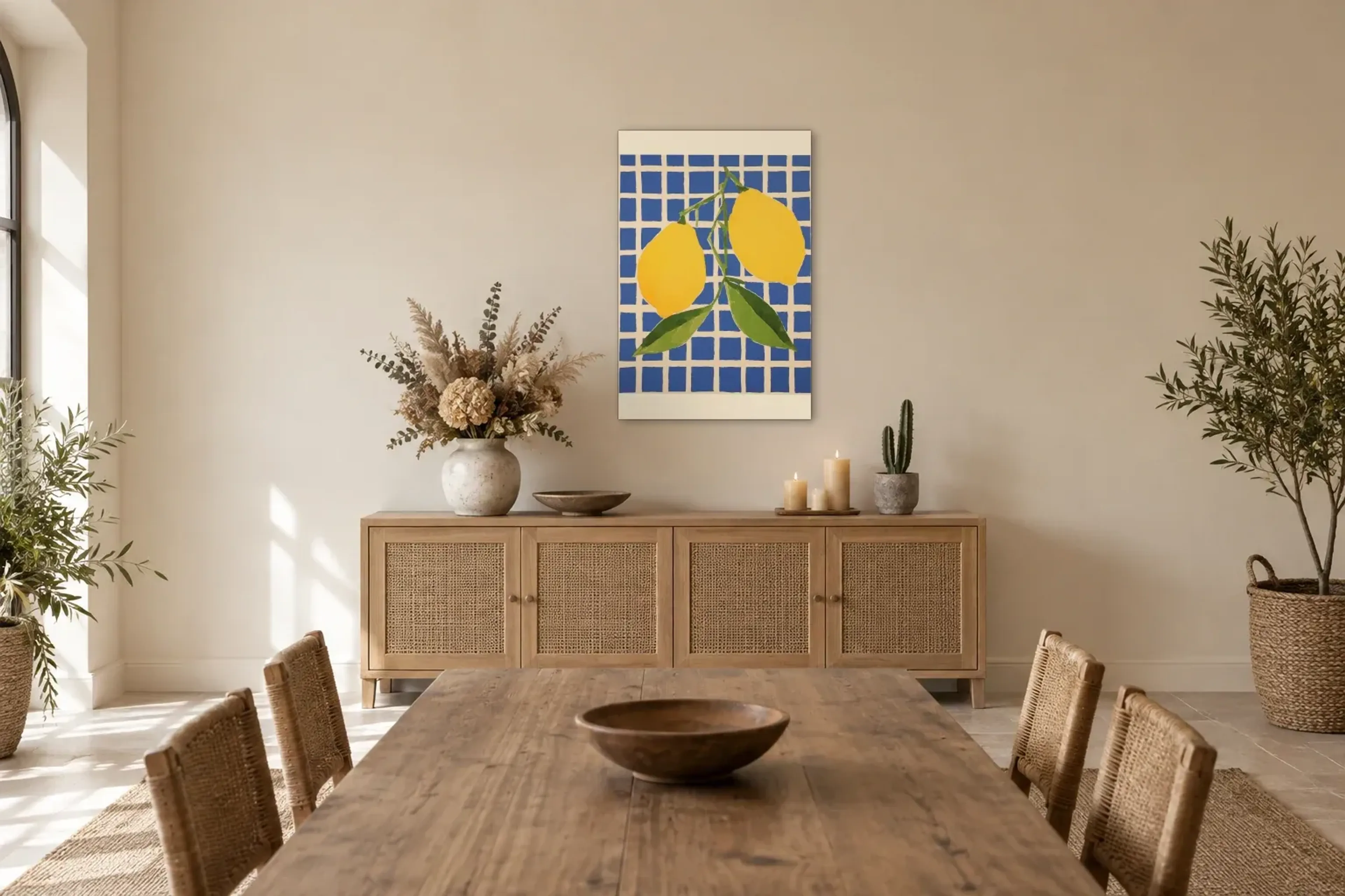Zitronen vor blauem Raster als Wandbild über einem 160-cm-Sideboard