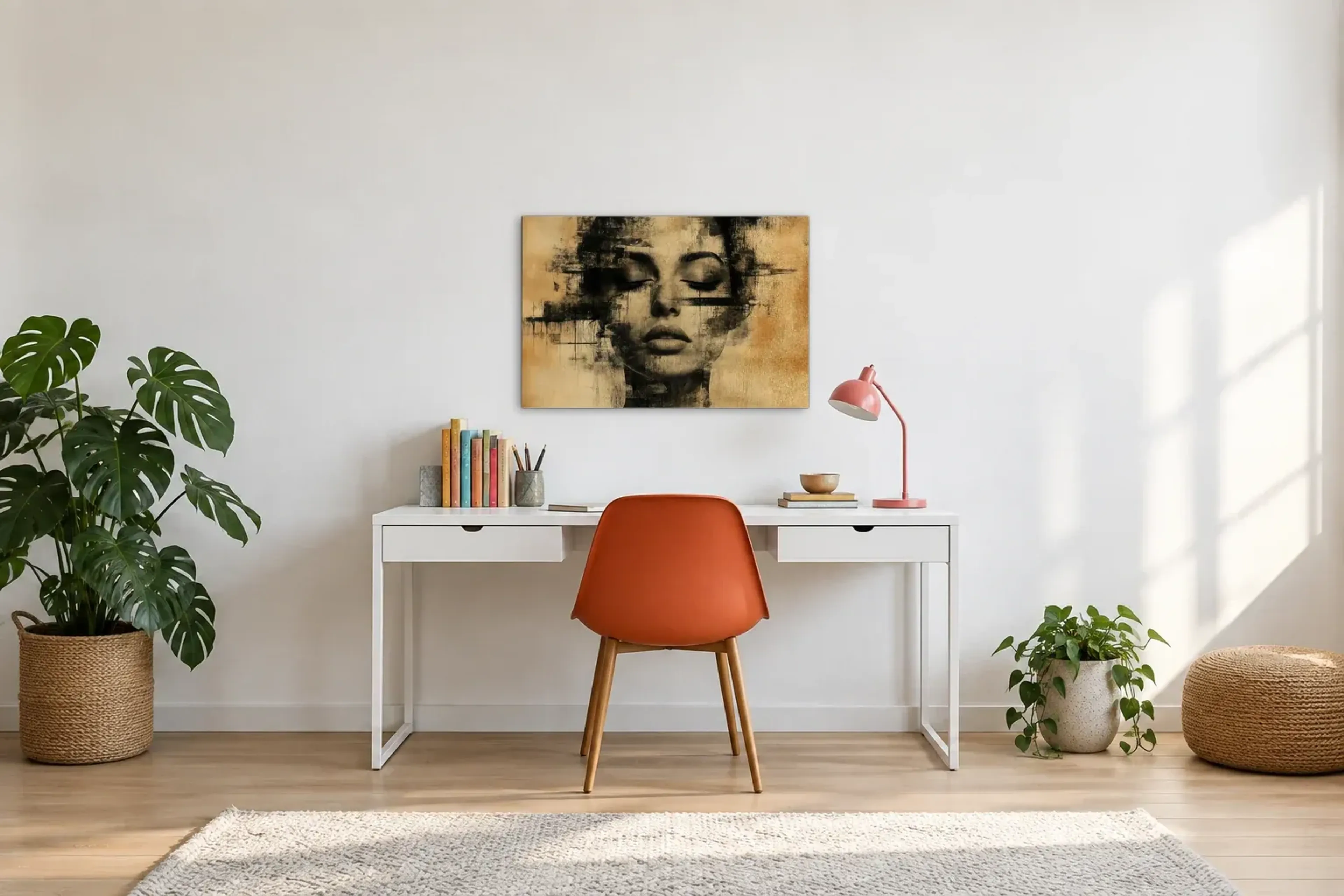 Geschlossene Augen in Gold als Wandbild über einem 140-cm-Schreibtisch