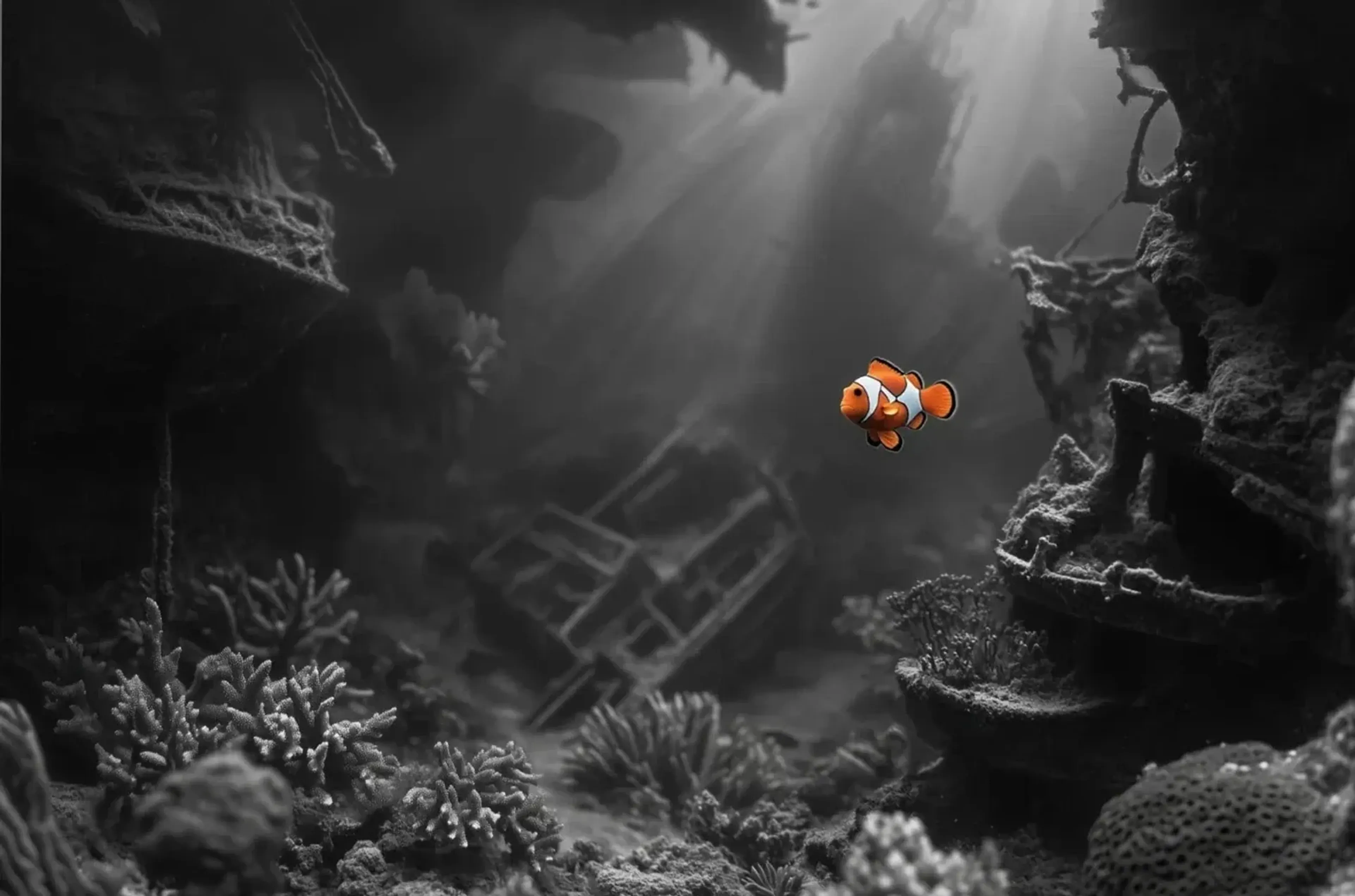 Ein orange-weißer Clownfisch schwimmt vor grauen Korallen und einem Wrack im Licht von oben.