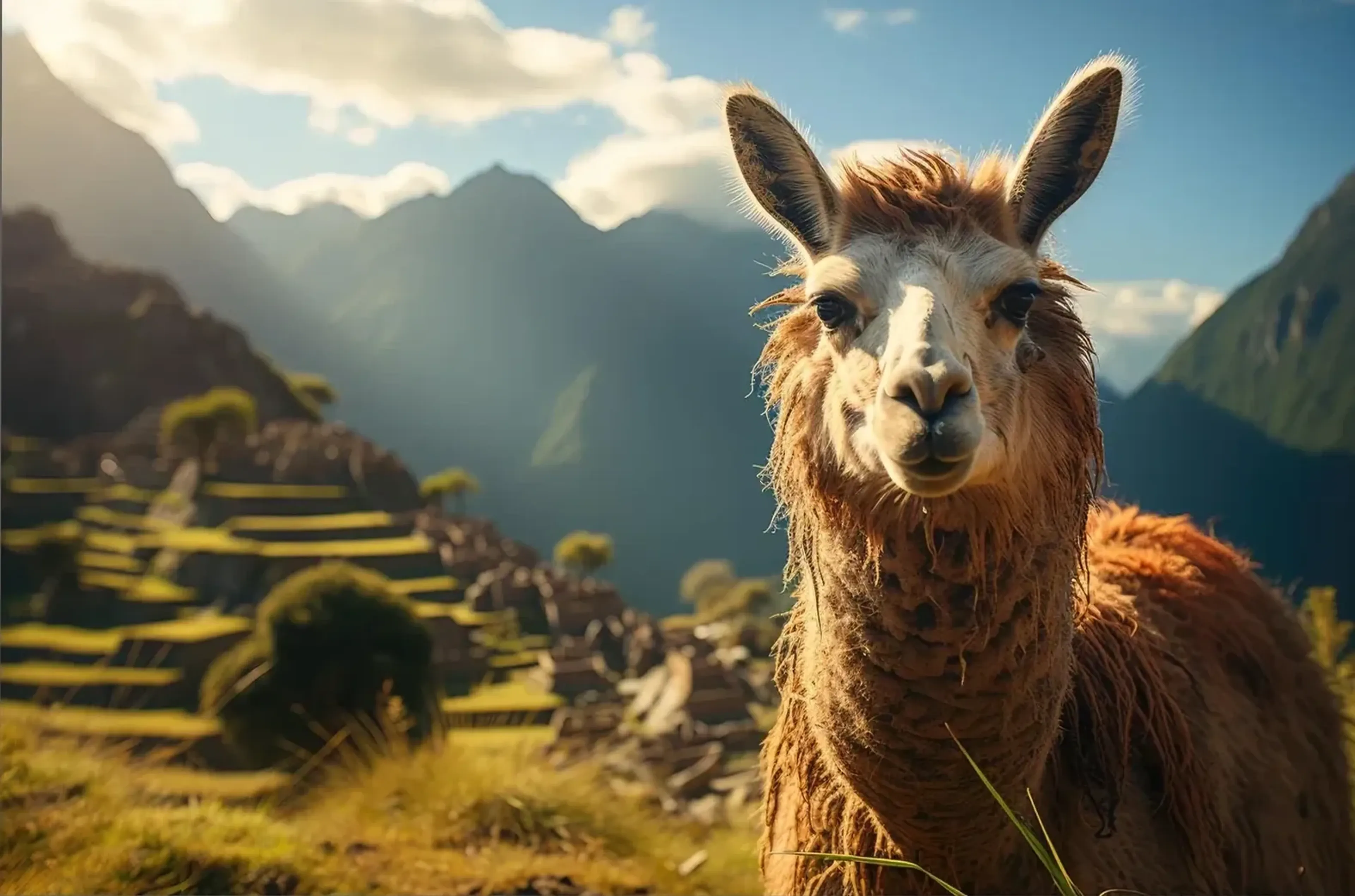 Ein braunes Lama mit aufgerichteten Ohren steht vor grünen Steinterrassen und einer sonnenbeschienenen Berglandschaft.