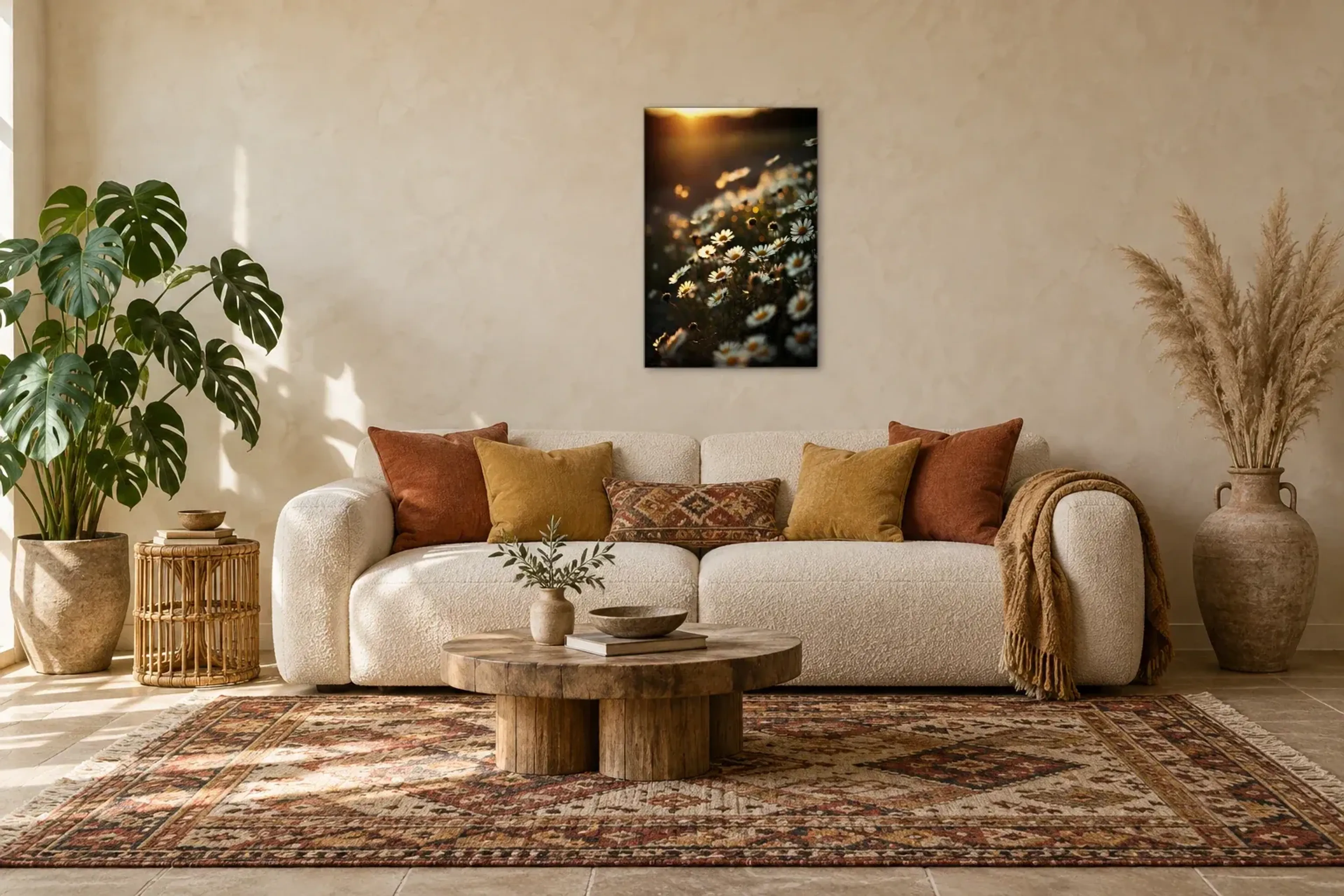 Gänseblümchen im Abendlicht als Wandbild über einem 220-cm-Sofa