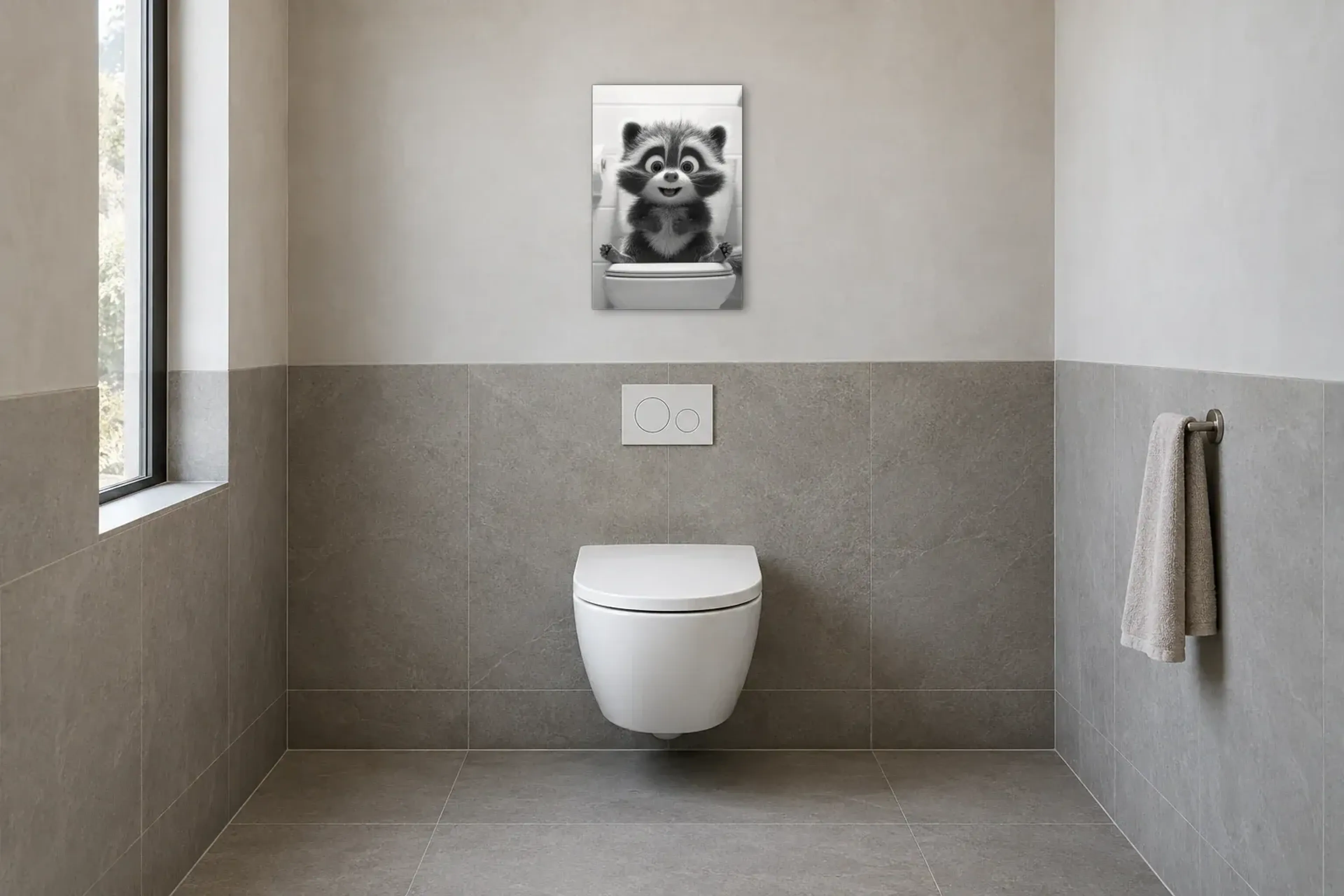 Waschbär auf Toilette als Wandbild im Gäste-WC