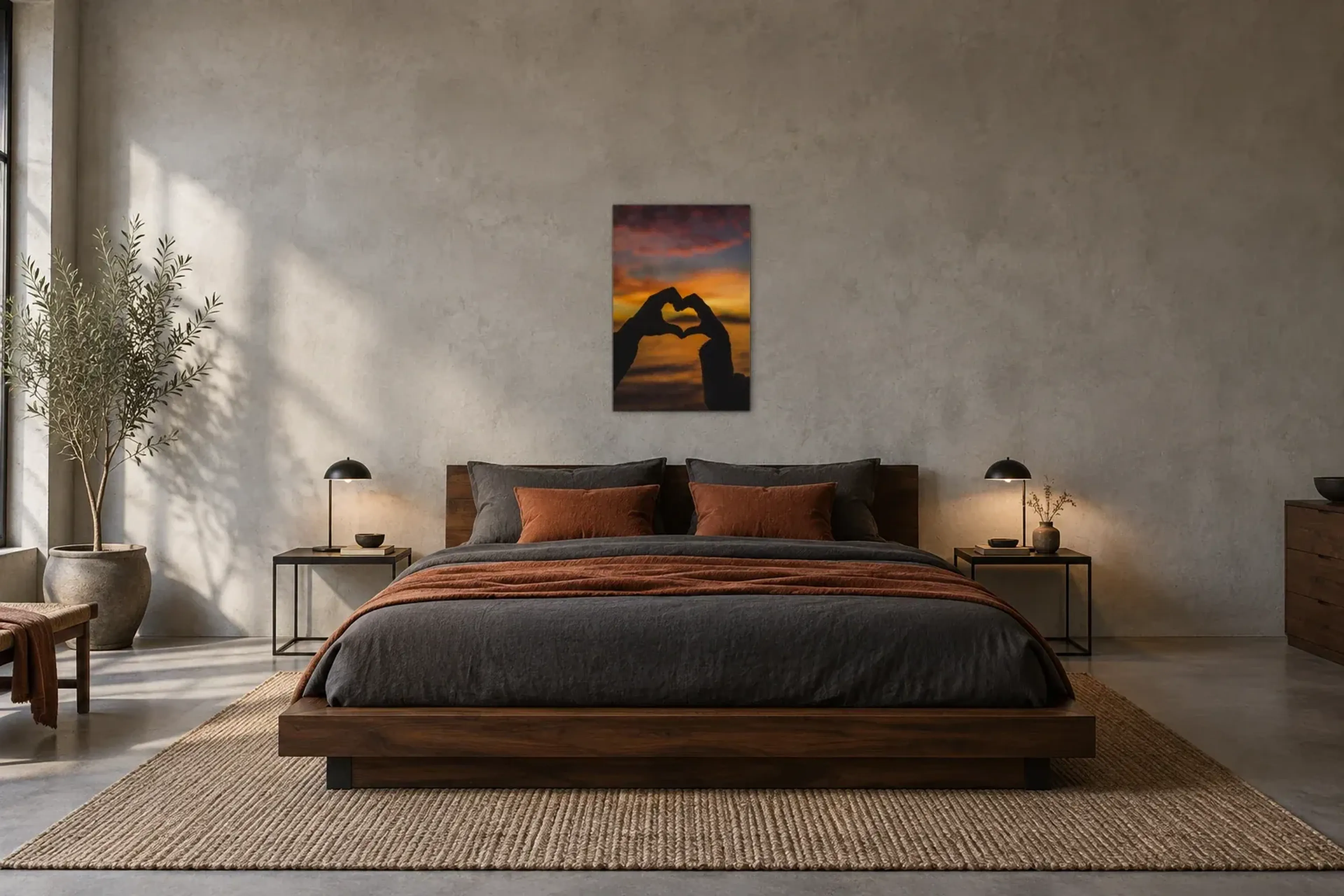 Herz aus Händen als Wandbild über einem 180-cm-Bett