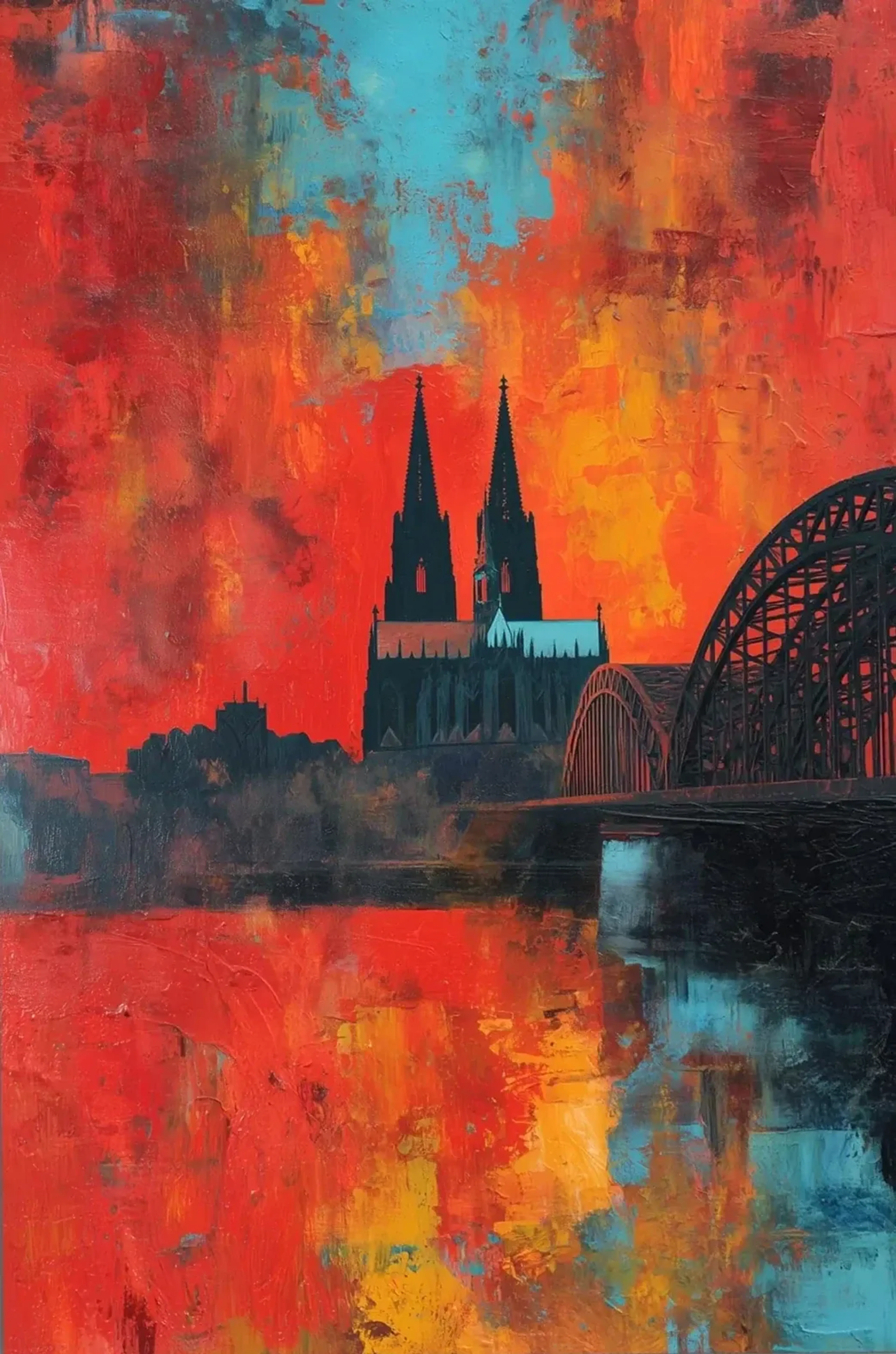 Kölner Dom und Bogenbrücke als dunkle Silhouetten zwischen roten, orangefarbenen und türkisen Farbflächen.