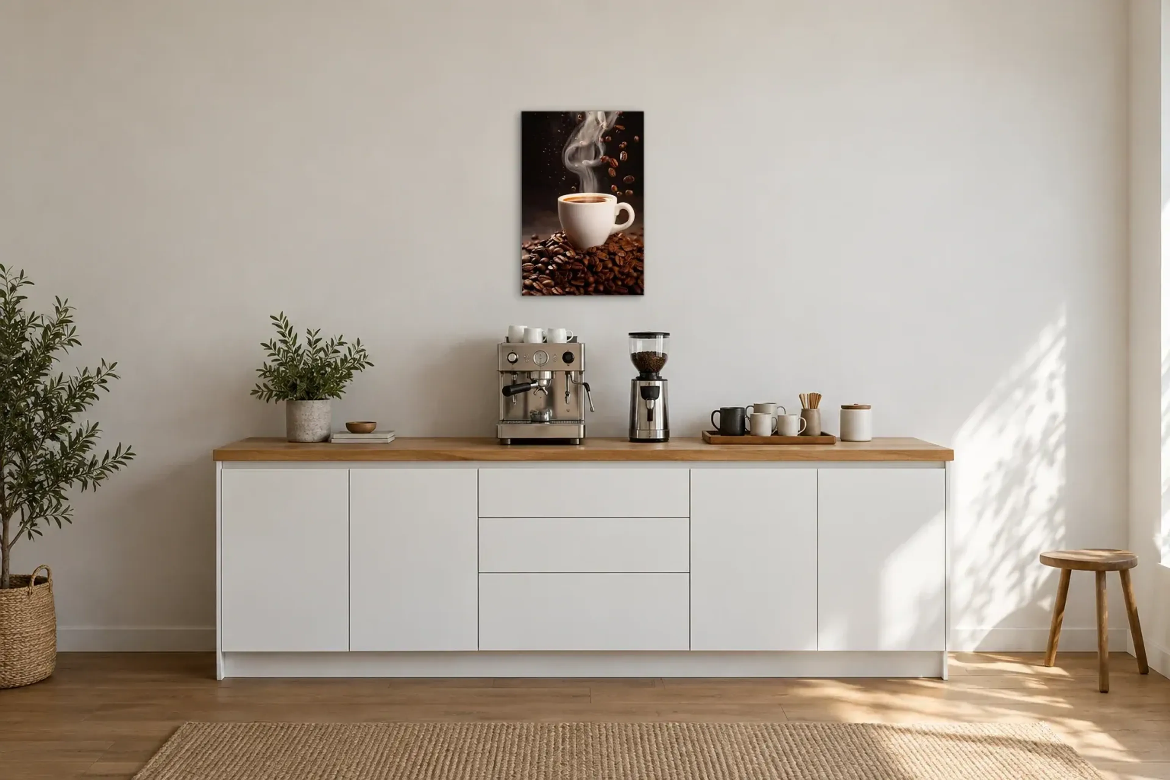 Kaffeetasse im Bohnenbett als Wandbild über einer 200-cm-Arbeitsplatte