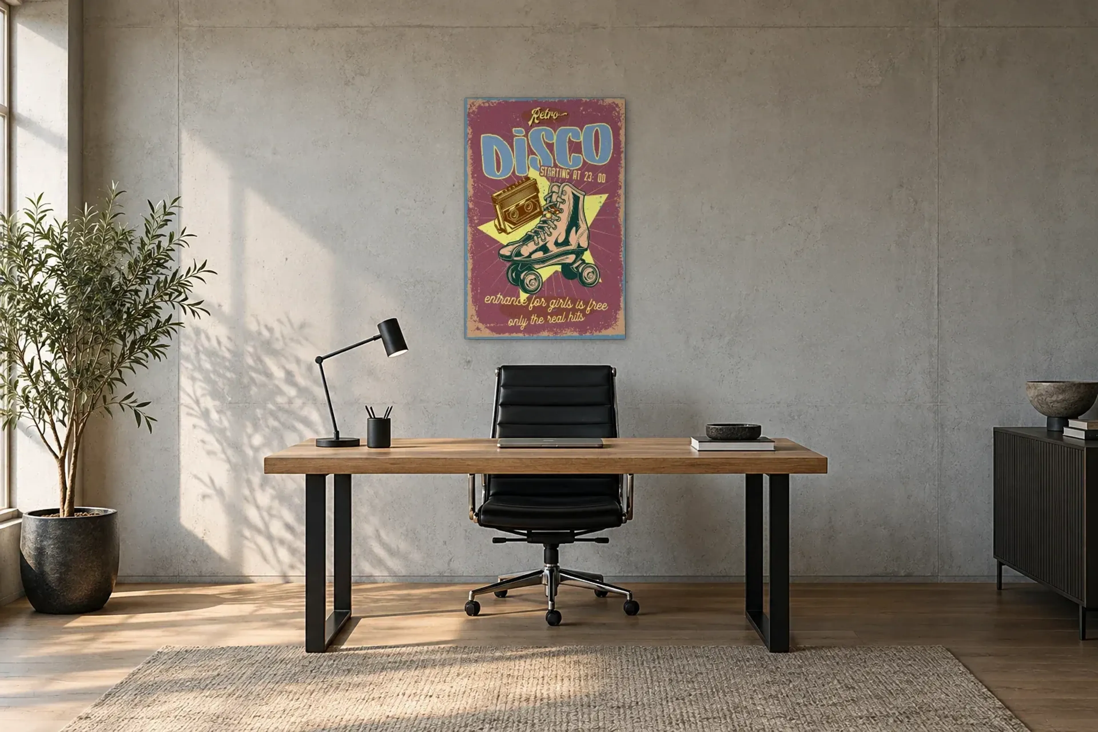 Rollschuh Disco als Wandbild über einem 160-cm-Schreibtisch