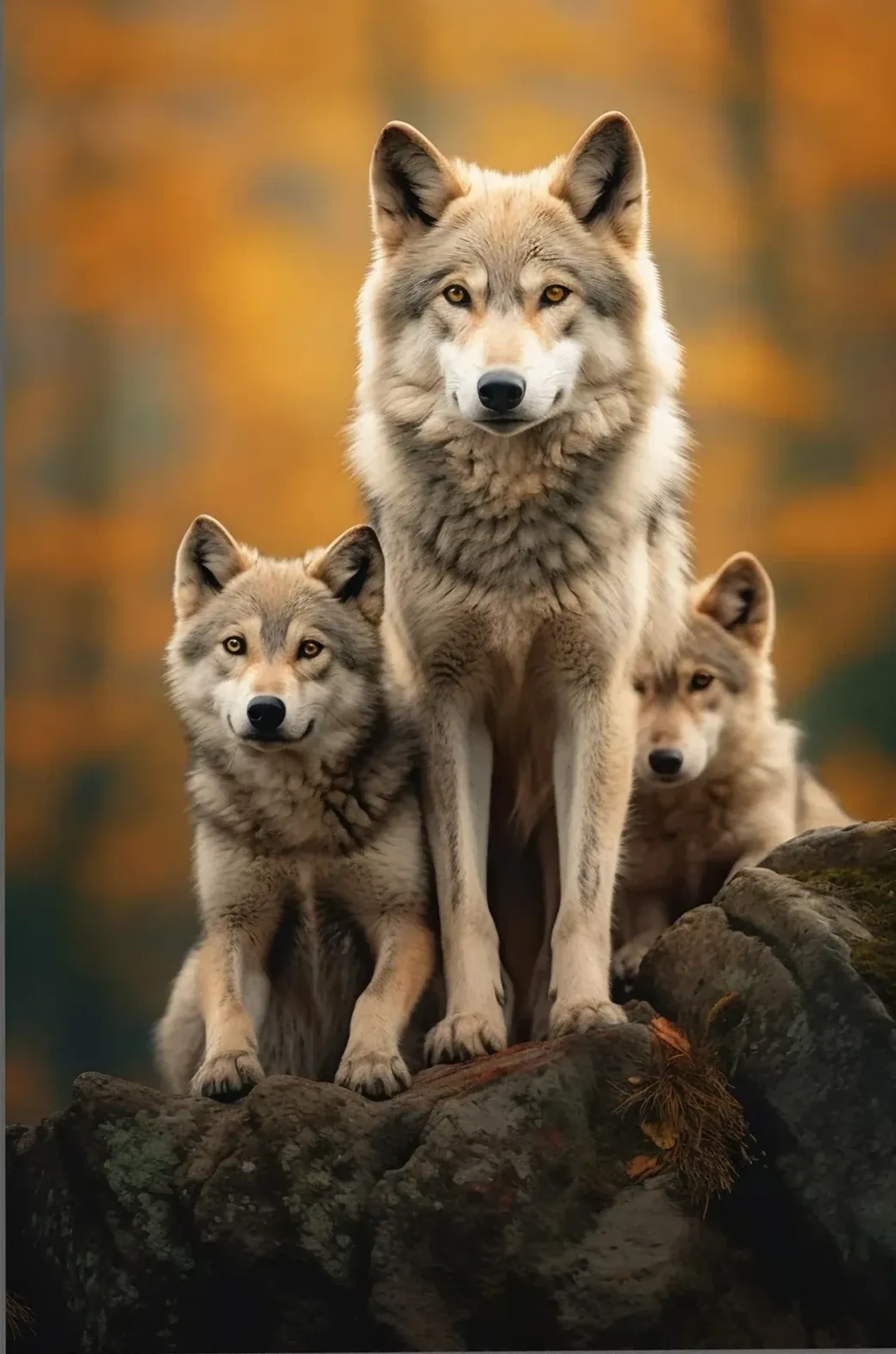 Ein großer Wolf steht mit zwei kleineren Wölfen auf einem Felsen vor einem unscharfen orangefarbenen Hintergrund.