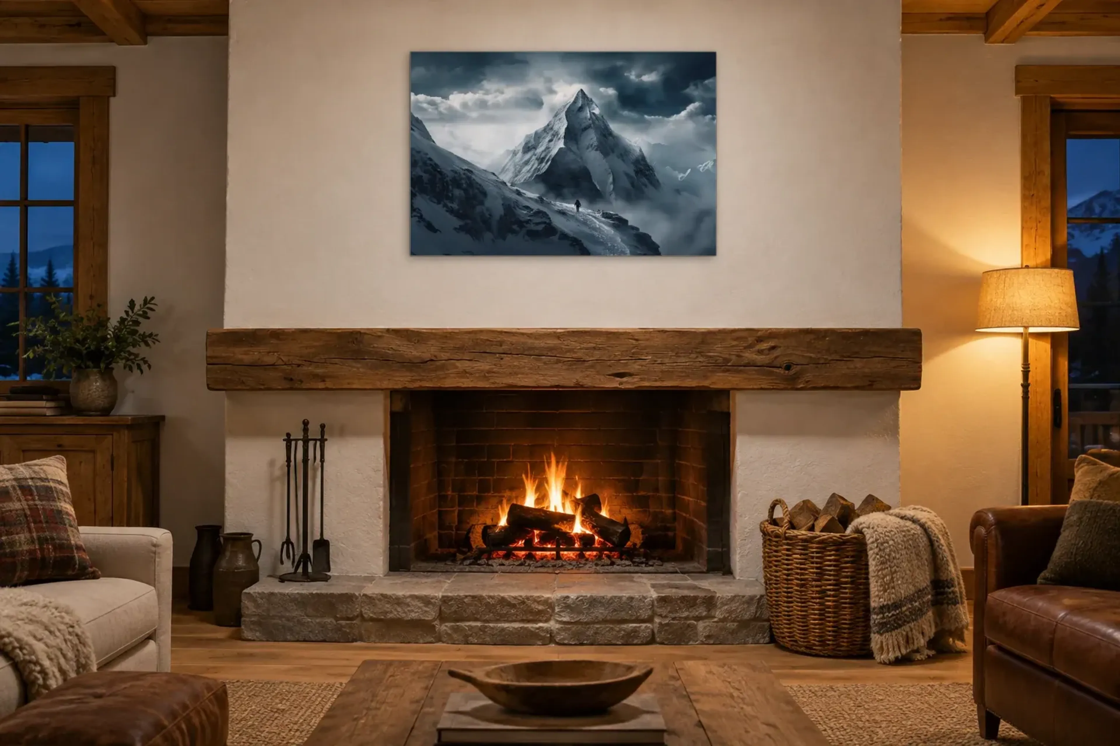 Gipfel unter dunklen Wolken als Wandbild über einem 180-cm-Kaminsims