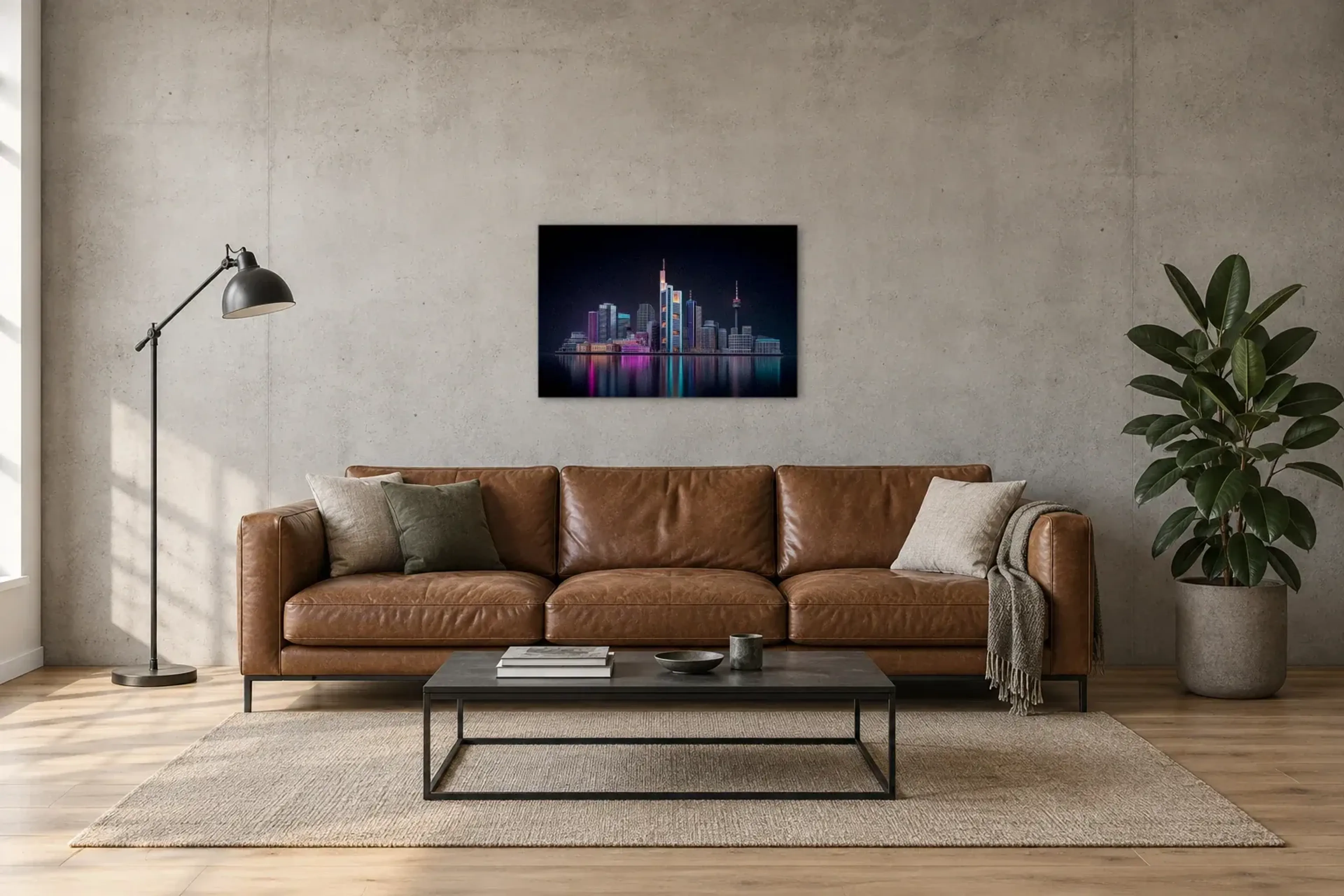 Frankfurt im Nachtlicht als Wandbild über einem 220-cm-Sofa