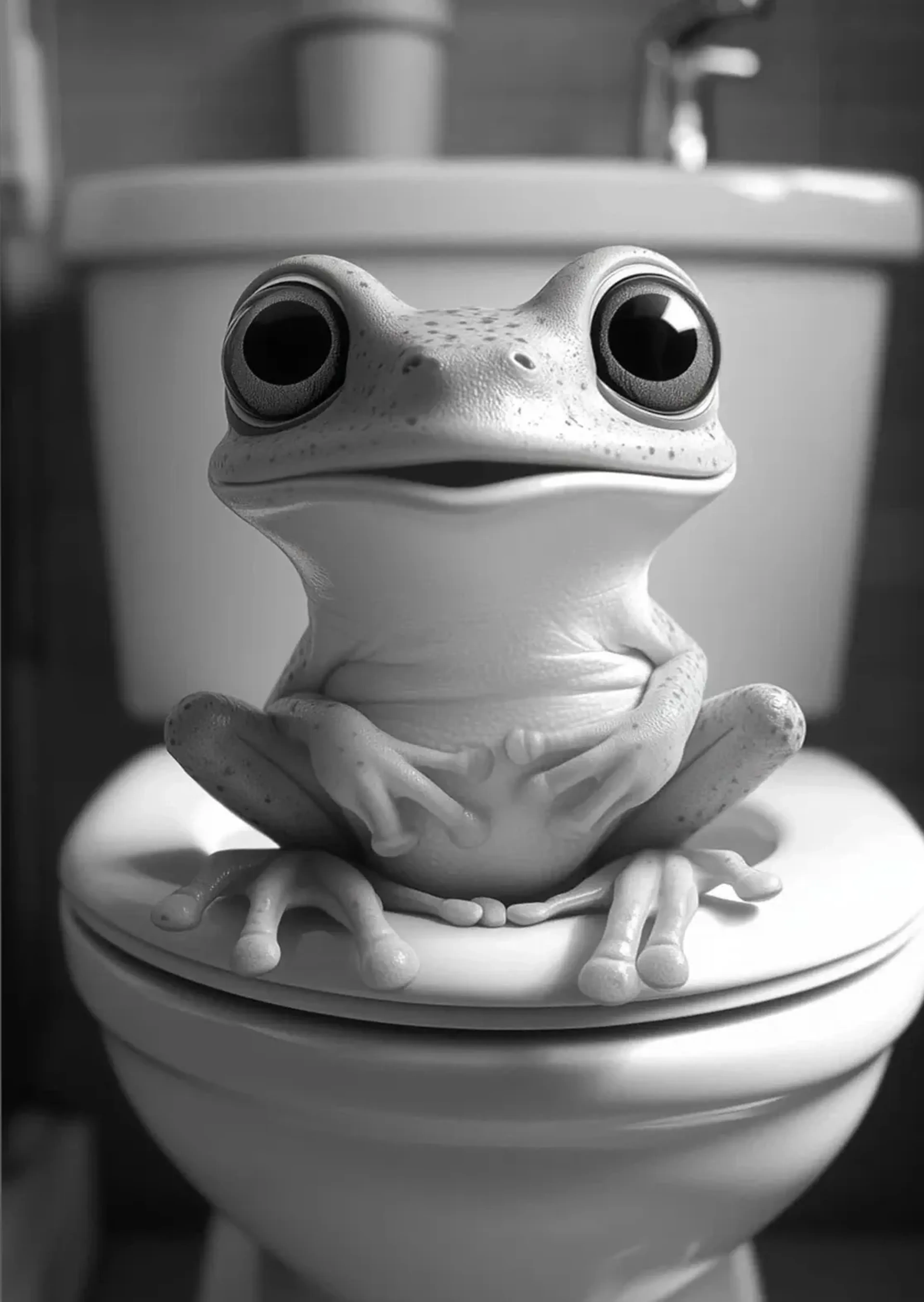 Ein Frosch mit großen dunklen Augen sitzt mit gespreizten Zehen und Vorderfüßen vor dem Bauch auf einer Toilette.