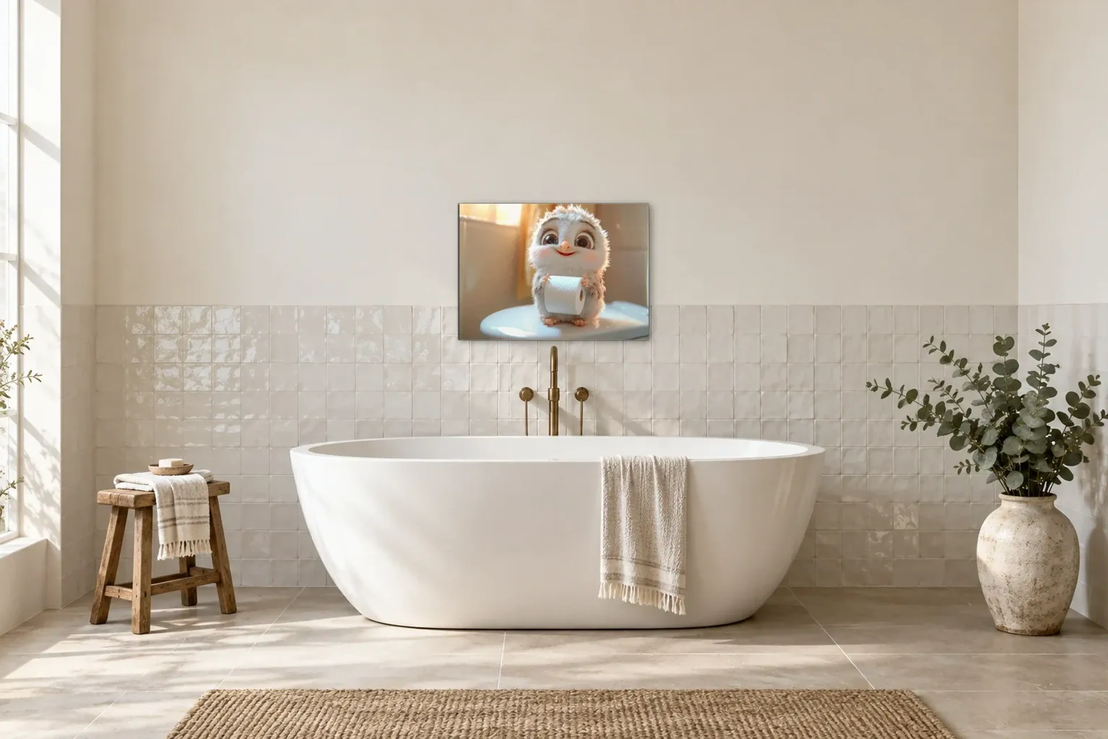 Eule mit Pausbäckchen als Wandbild über einer 170-cm-Badewanne