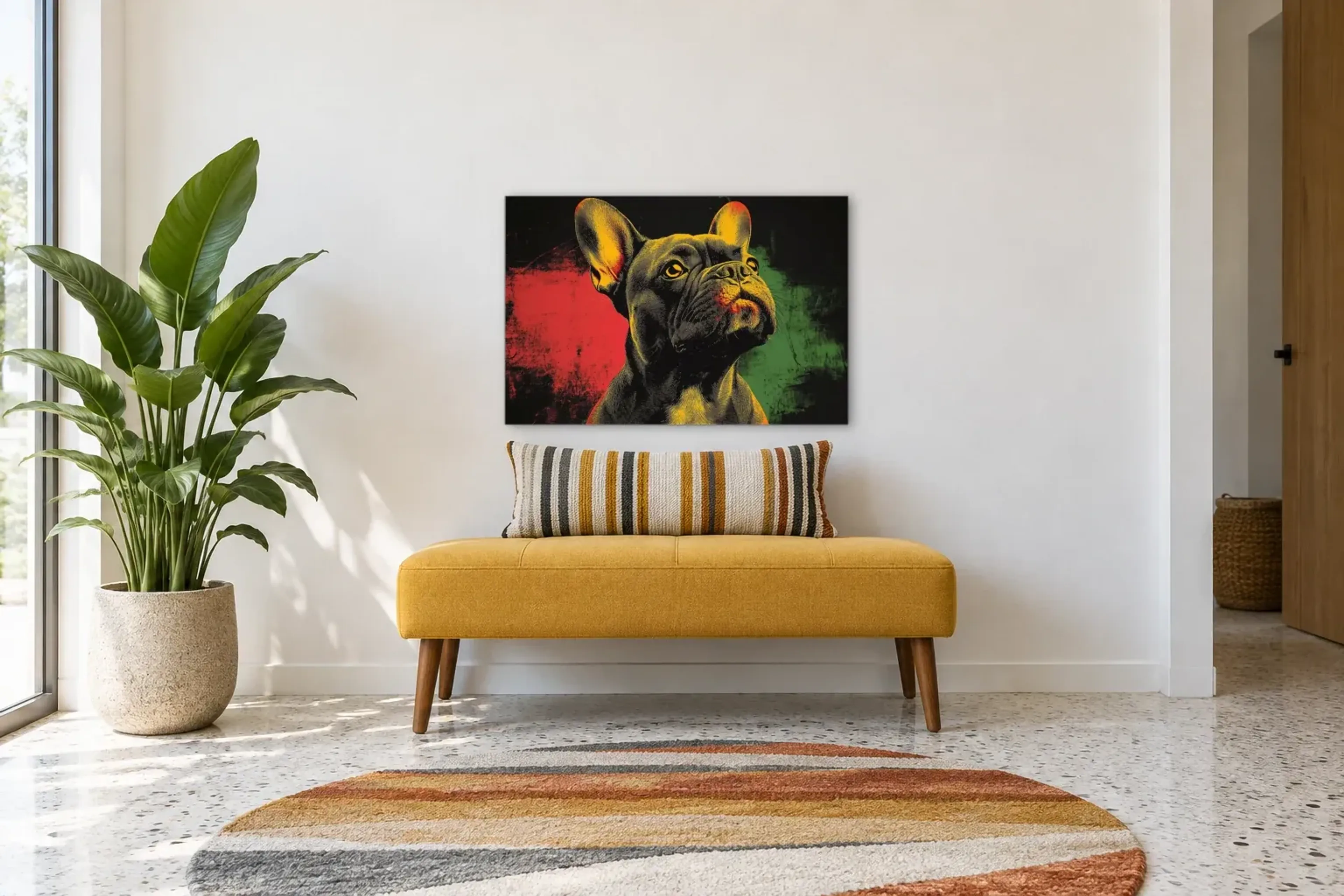 Bulldogge im Gelblicht als Wandbild über einer 120-cm-Bank