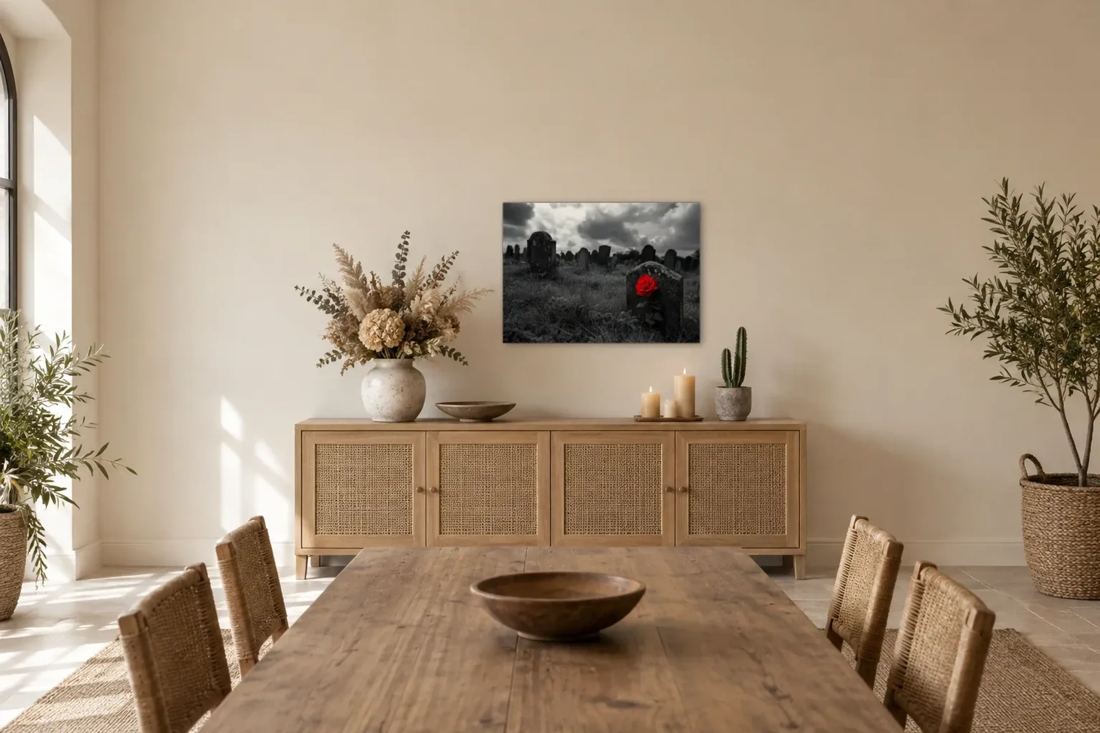 Rose am Grabstein als Wandbild über einem 160-cm-Sideboard