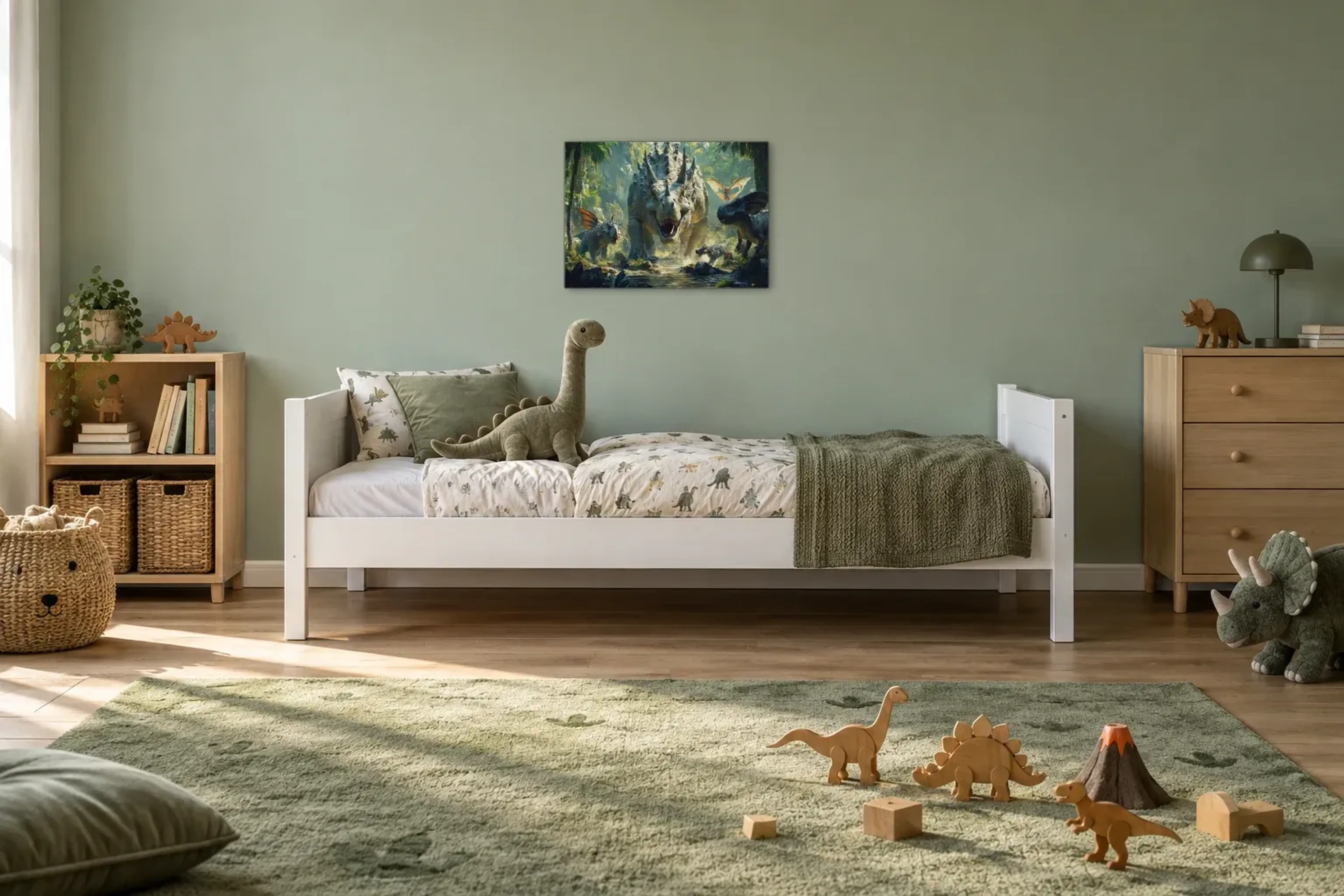 Hornriese am Dschungelbach als Wandbild über einem 200-cm-Kinderbett