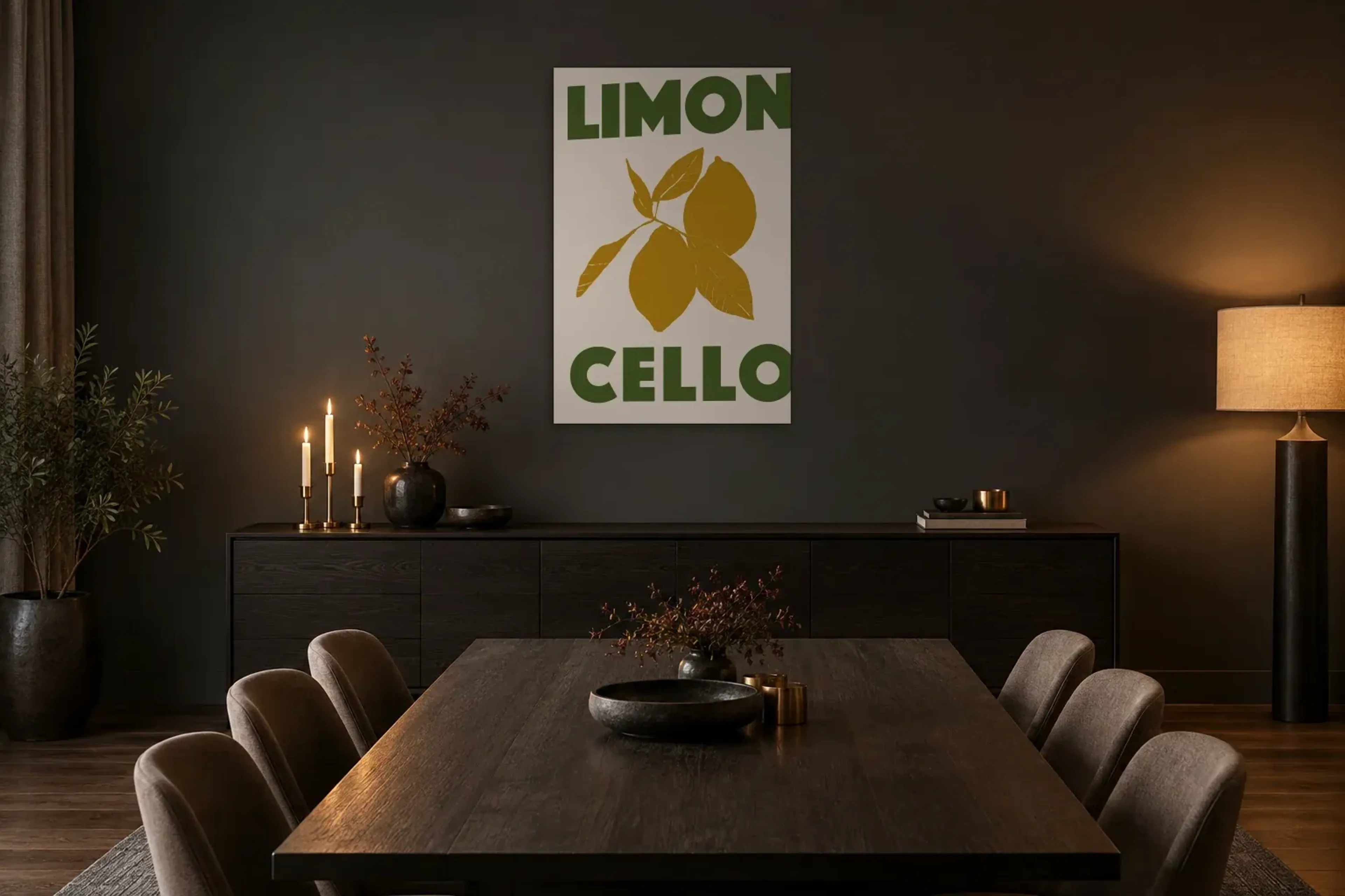 Limoncello in Grün als Wandbild über einem 180-cm-Sideboard
