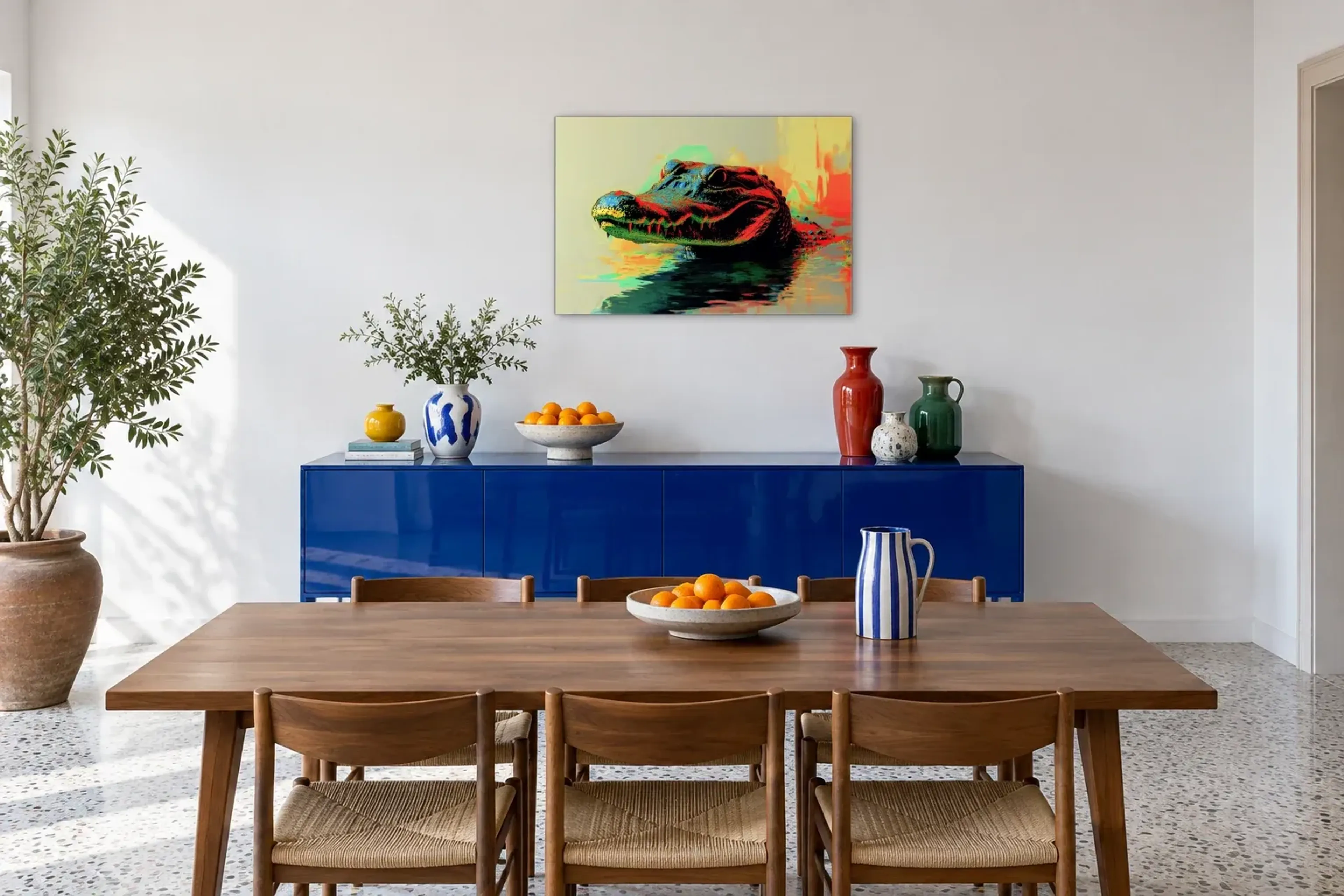 Krokodil im Wasser als Wandbild über einem 180-cm-Sideboard