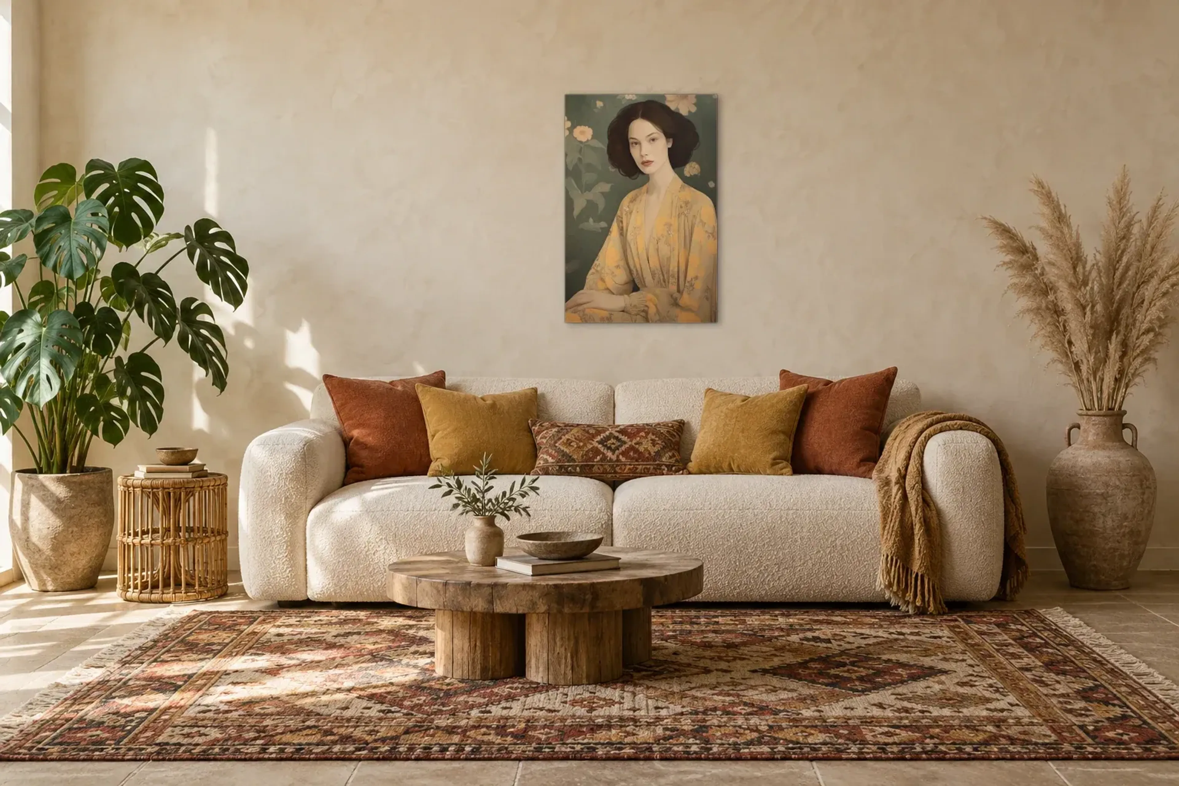 Frau in goldgelbem Gewand als Wandbild über einem 220-cm-Sofa