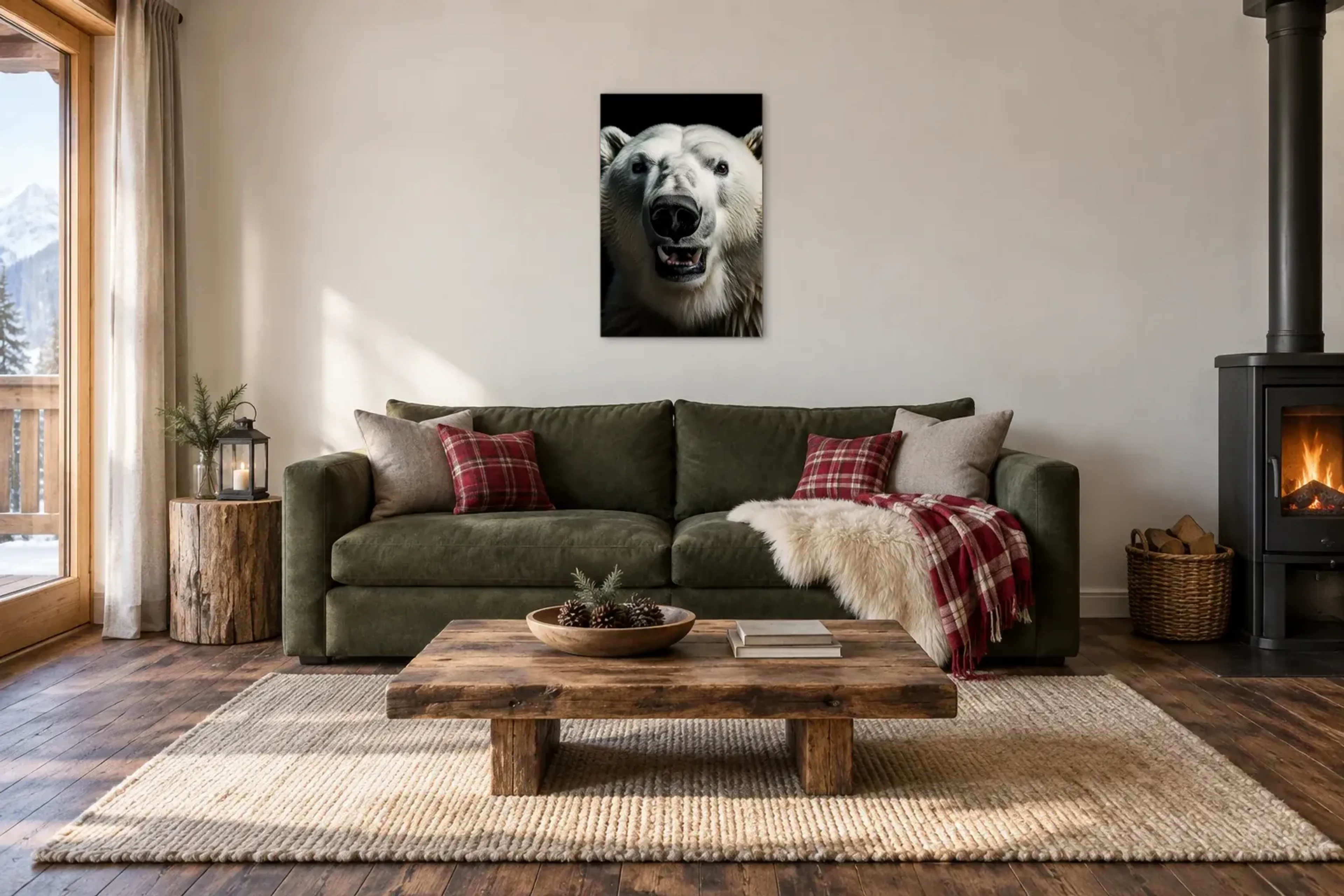 Portrait Eisbär als Wandbild über einem 220-cm-Sofa