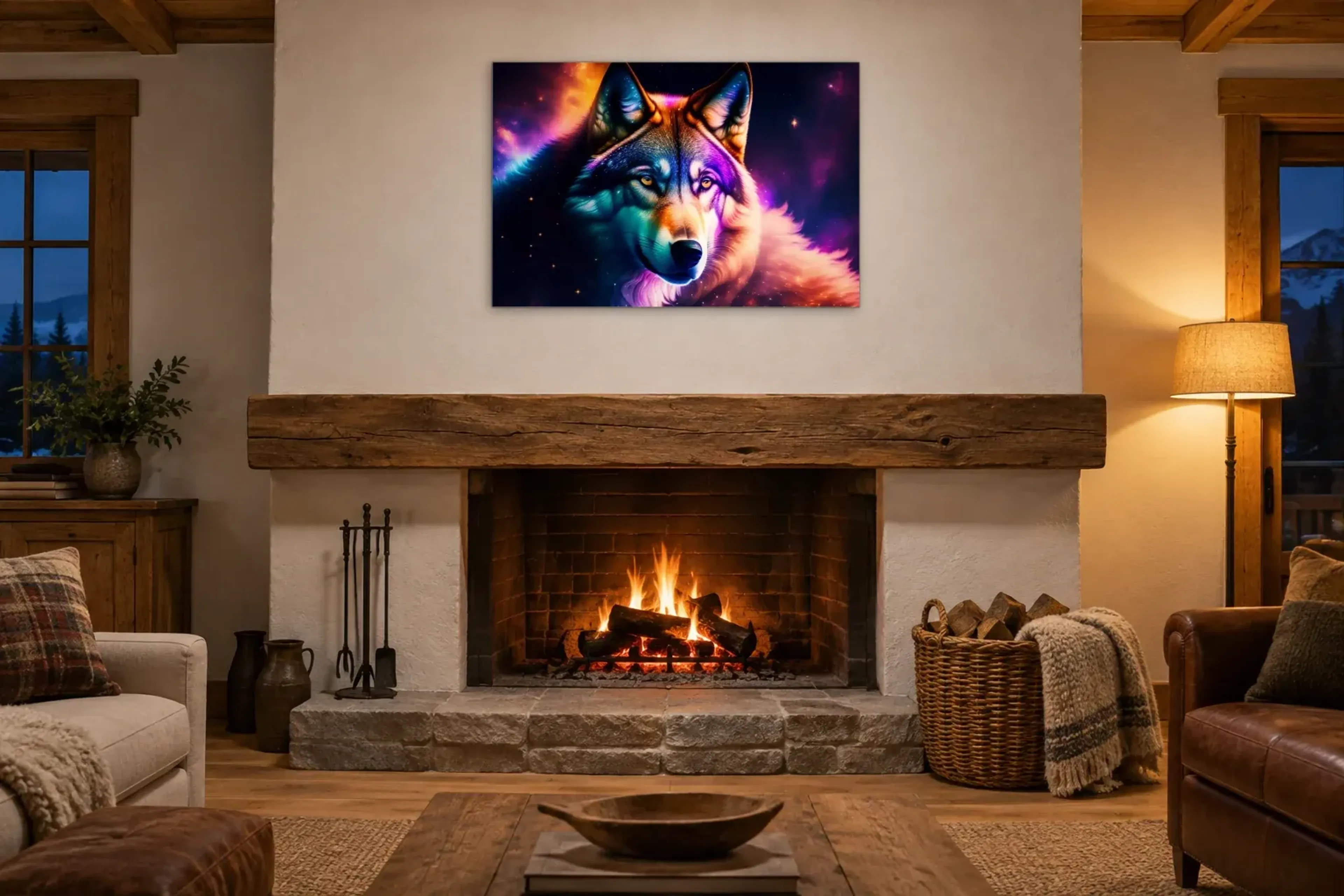 Wolf in Neonfarben als Wandbild über einem 180-cm-Kaminsims