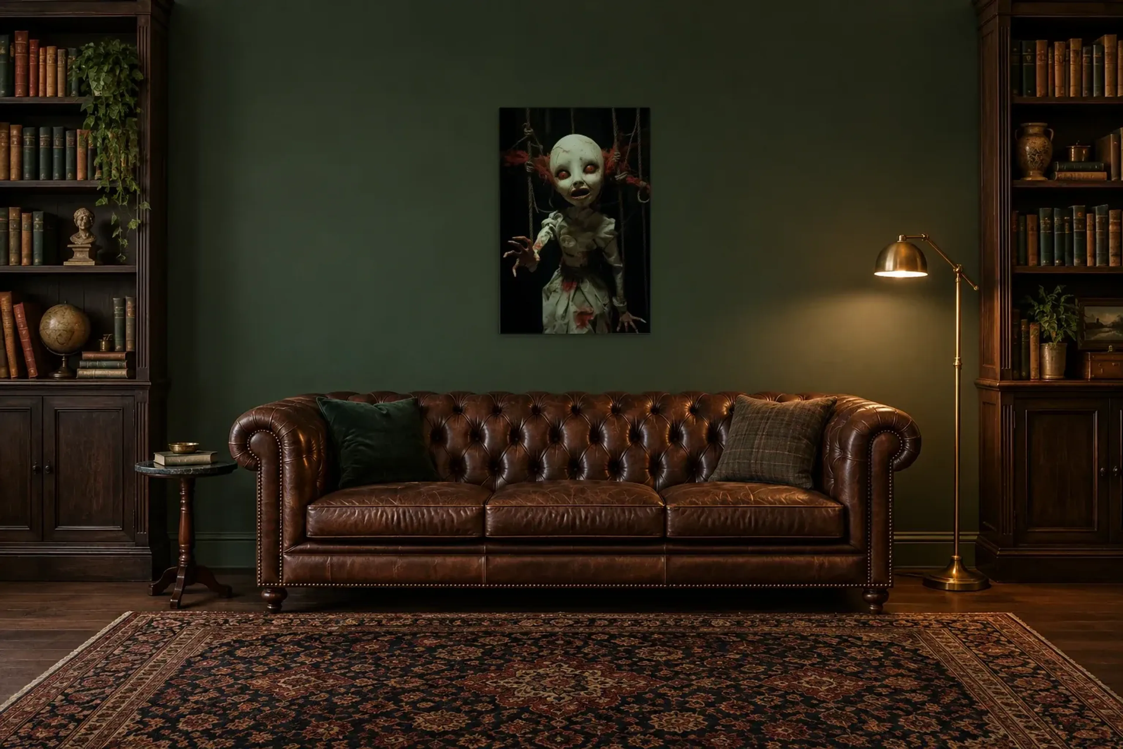 Marionette mit roten Augen als Wandbild über einem 200-cm-Chesterfield-Sofa