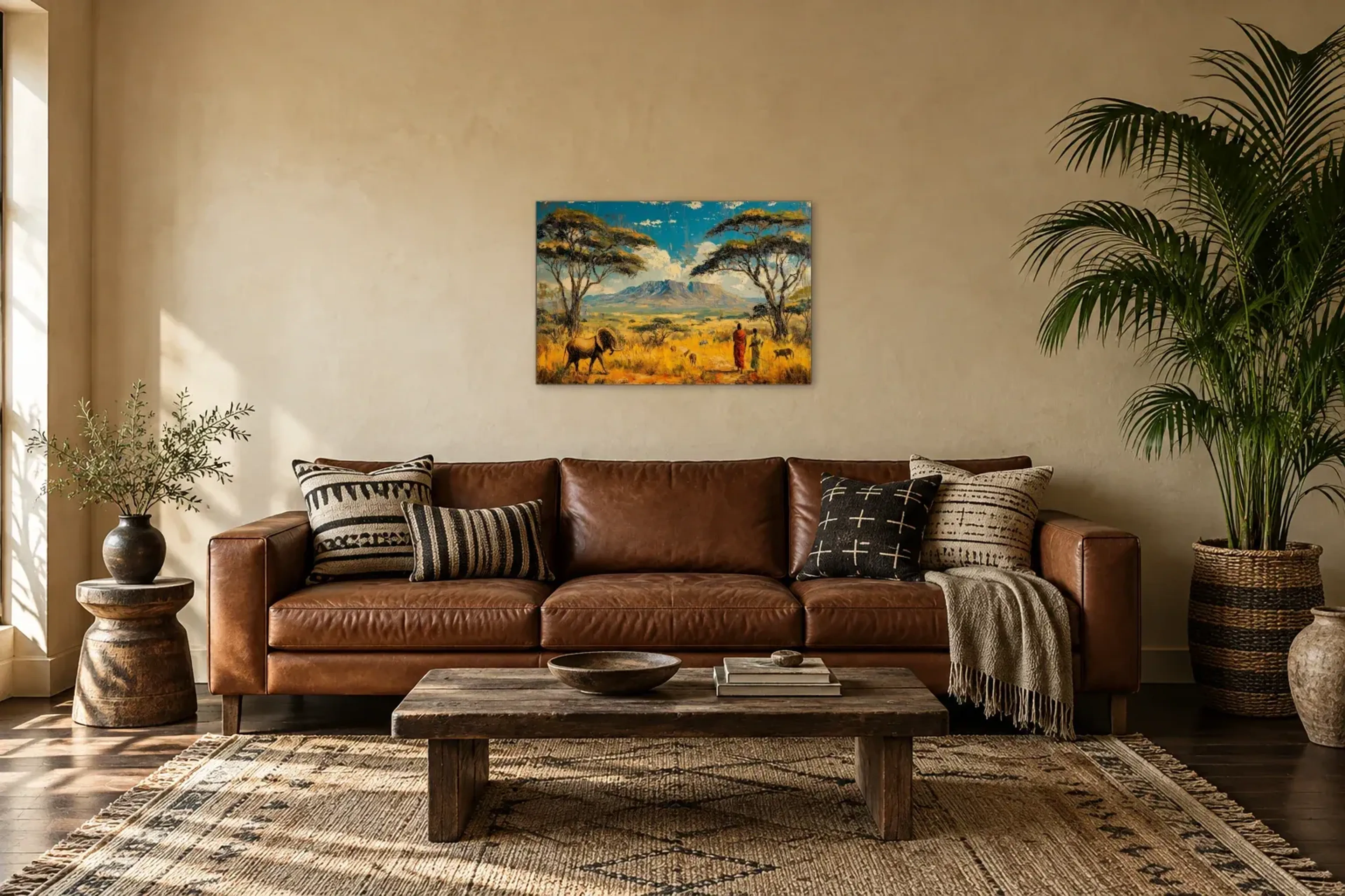 Savanne im goldenen Licht als Wandbild über einem 220-cm-Sofa