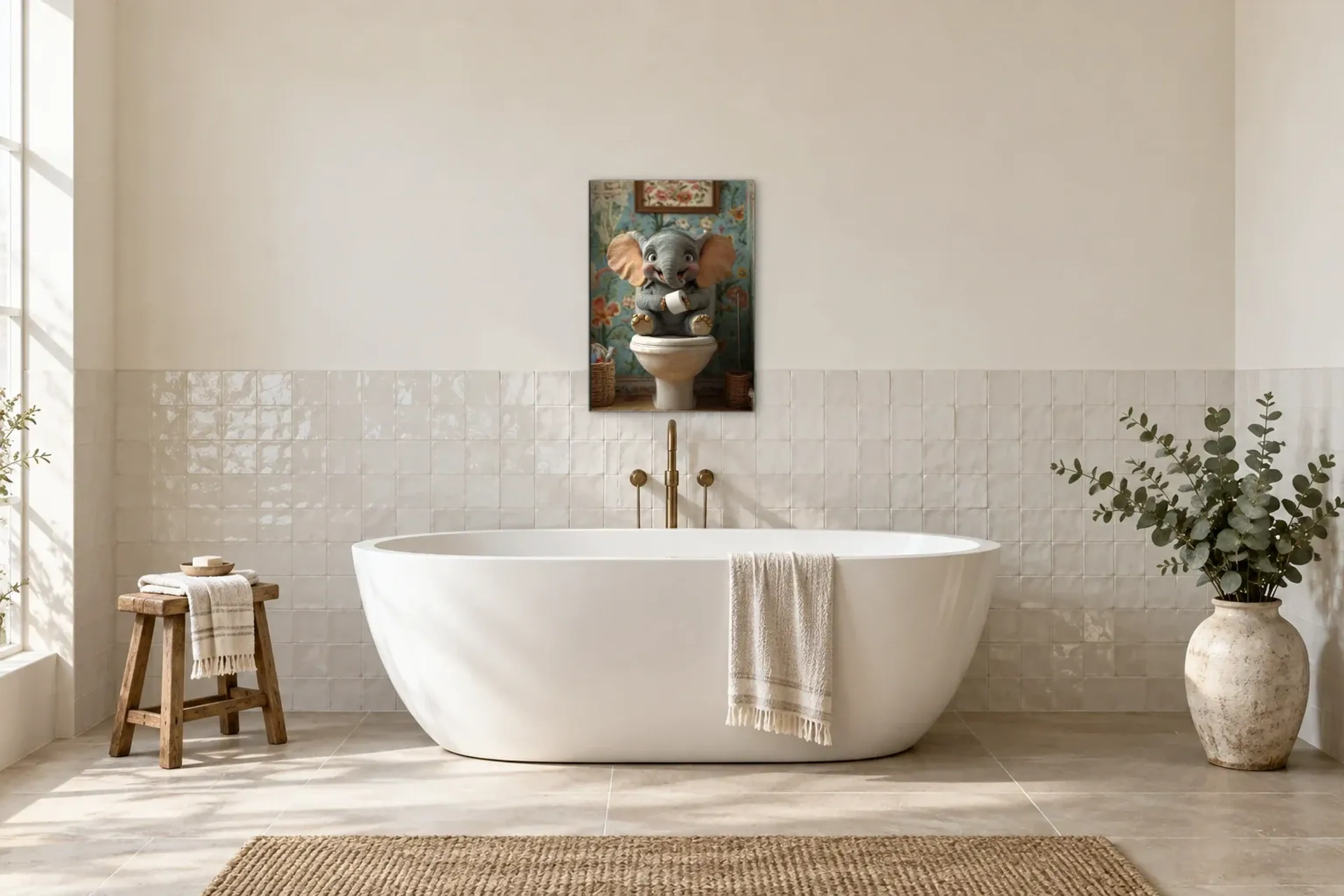 Elefantenkind vor Blumentapete als Wandbild über einer 170-cm-Badewanne