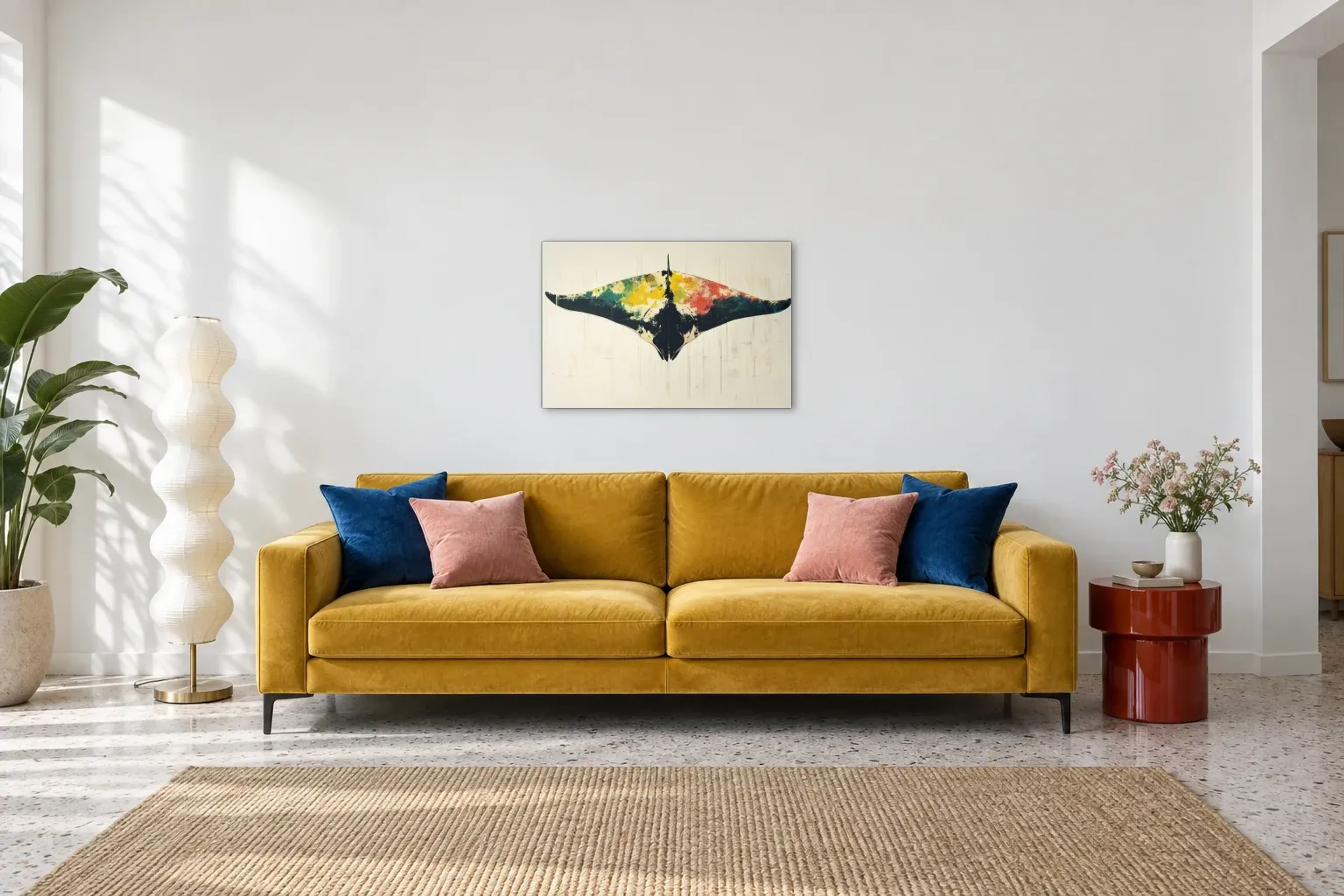 Manta auf hellem Grund als Wandbild über einem 220-cm-Sofa