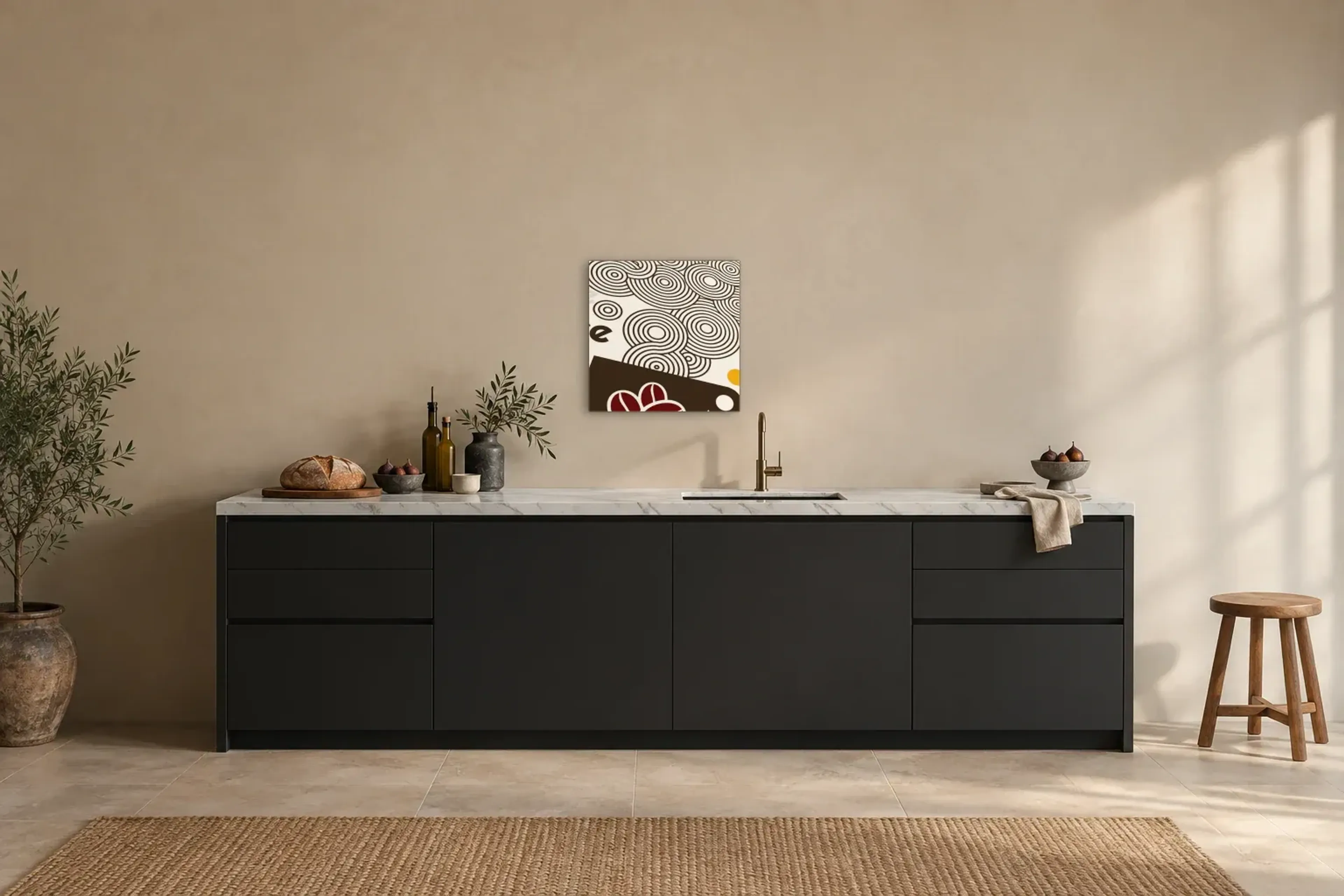 Kaffee-Pause modern als Wandbild über einer 200-cm-Arbeitsplatte