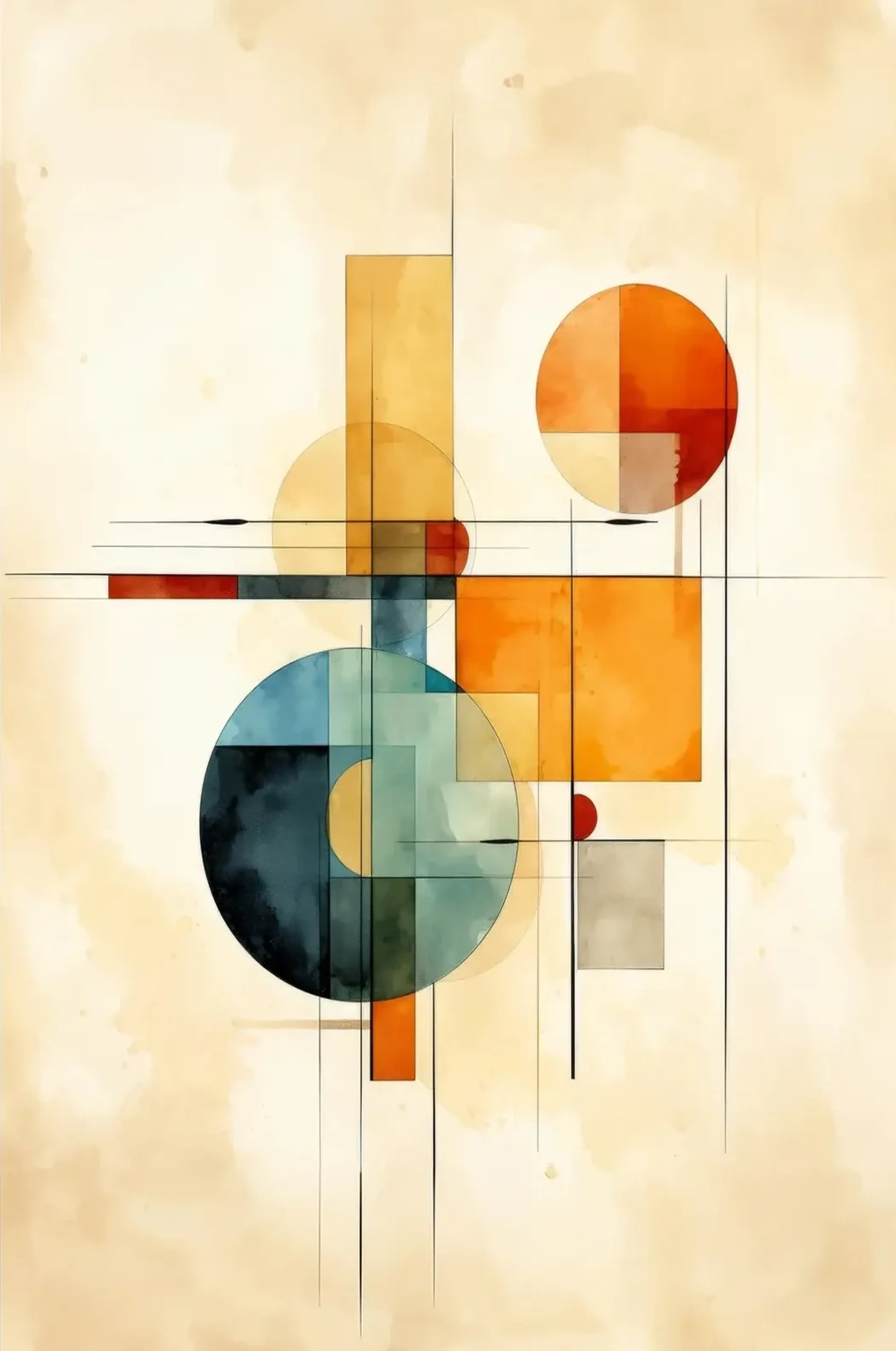Orange, gelbe und blaugrüne Kreise und Rechtecke überlagern sich mit feinen Linien auf cremefarbenem Grund.