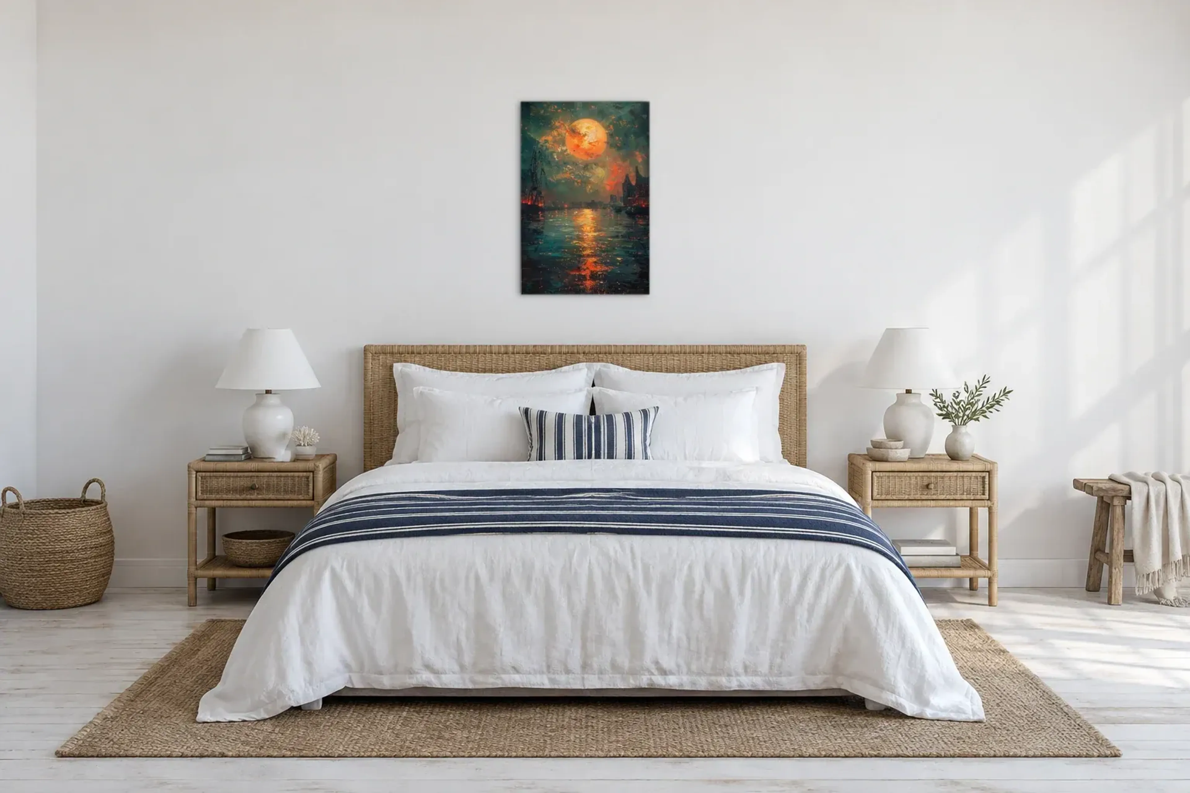 Hafen im orangefarbenen Licht als Wandbild über einem 180-cm-Bett