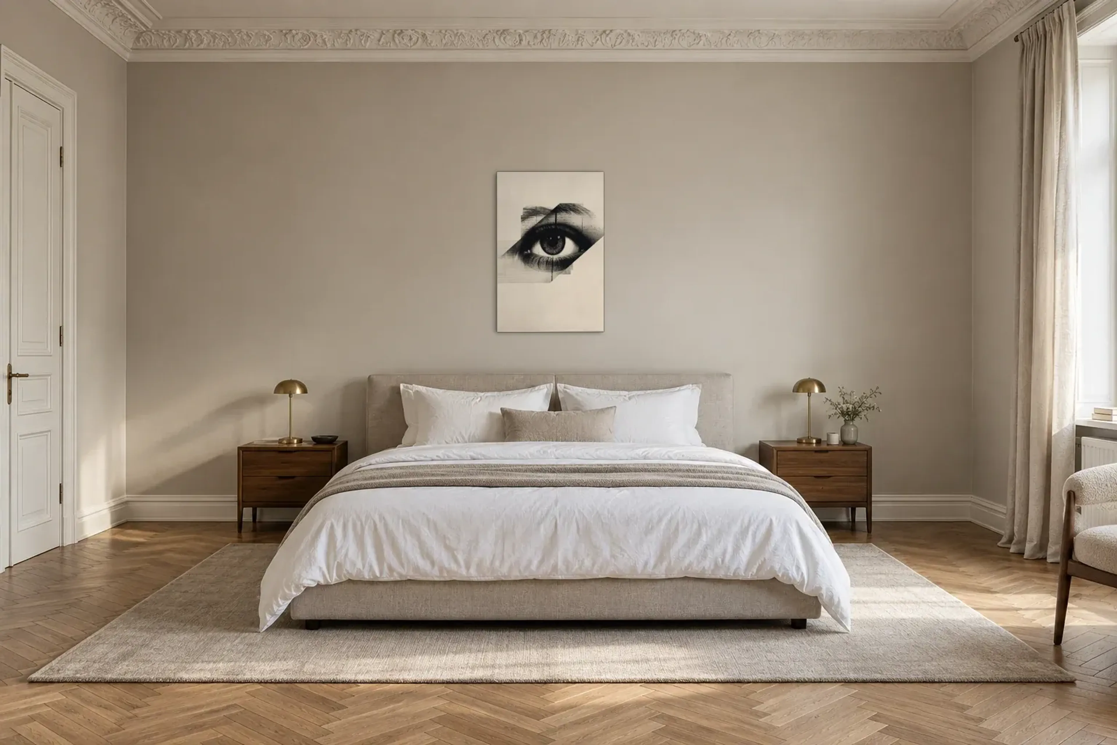 Auge in Fragmenten als Wandbild über einem 180-cm-Bett