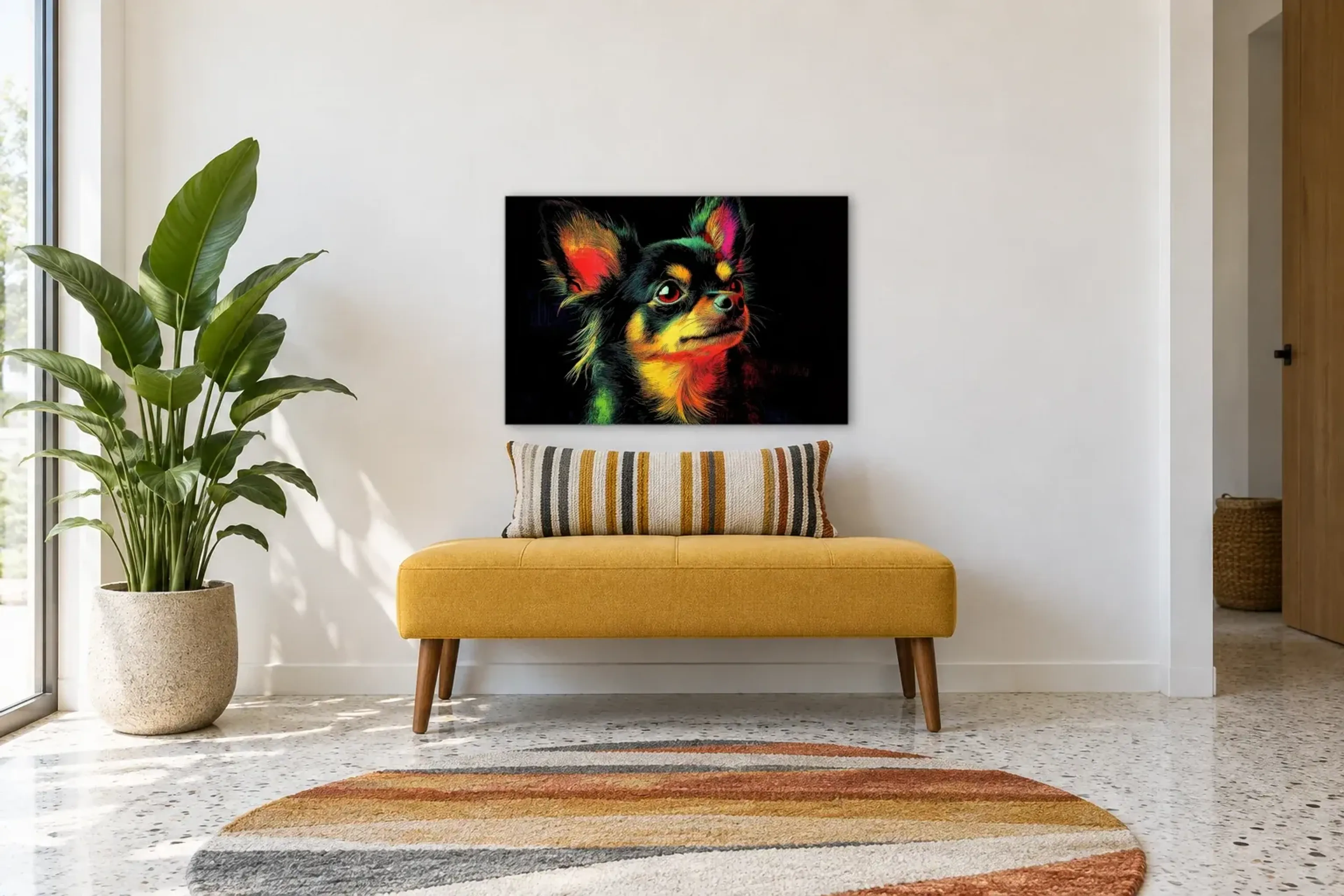Chihuahua im Farbenspiel als Wandbild über einer 120-cm-Bank